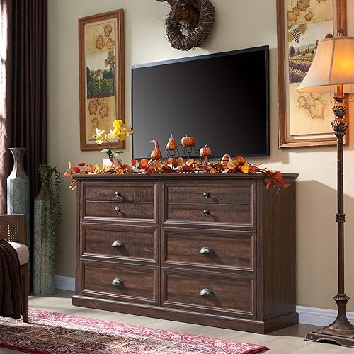 Farmhouse 6 Drawers Dresser for Bedroom, 58" Wide Dresser Chest of Drawers Organizer Storage, Wood Rustic Dresser for Closet w/Two Different Drawer Sizes for Living Room, Hallway, Brown