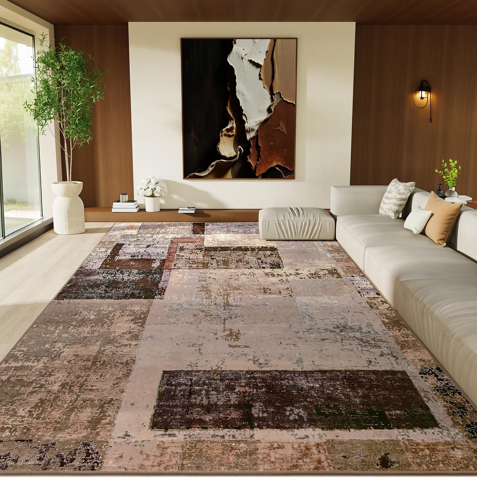 LOCHAS Rug for Living Room 6x9, Washable Soft Area Rugs for Bedroom, Abstract Carpet for Indoor Office Kids Dining Room Nursery Floor, Brown Geometric Vintage Home Decor, Non Slip, Pet Child Friendly