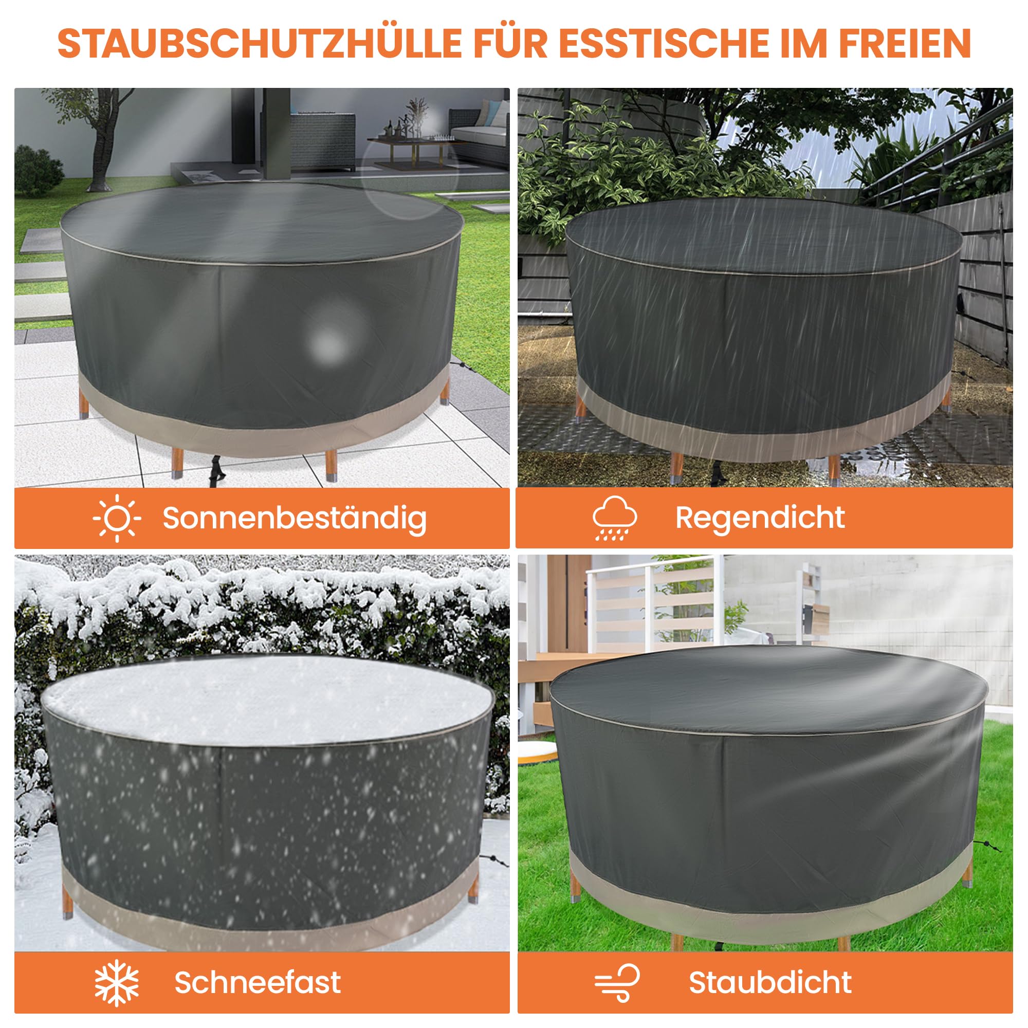 Abdeckung für Gartenmöbel,Schutzhülle für Gartentisch Wasserdicht,Abdeckplane 420D Oxford Gewebe,Verstärkten Nähten Anti-UV, Belüftungsöffnungen & Schnallen für Sitzgruppe & Lounge-Möbel,Rund 200x85cm