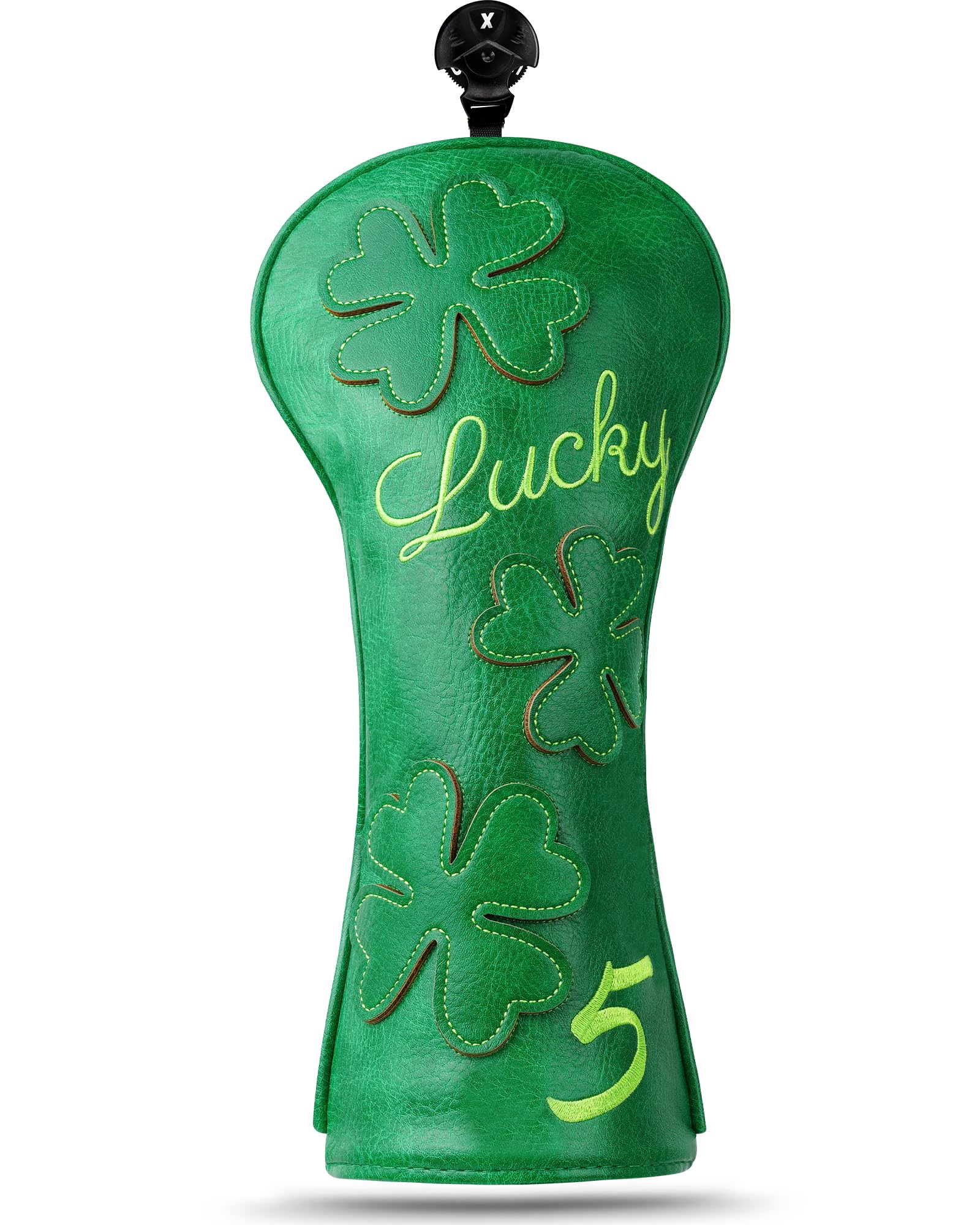 Golf Club Head covers Fairway Wood FW5 with Interchangeable Number Tag 3457X Elastic Closure Green PU Leather Clover