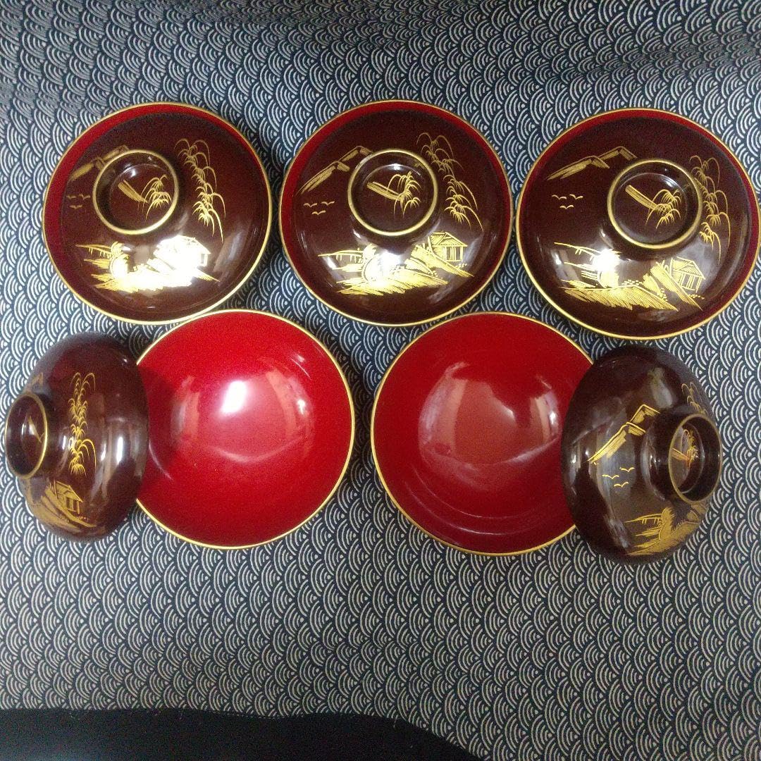 Amazon.co.jp: 川連漆器 沈金蒔絵吸物椀5客溜塗 本漆 蓋付椀 霞型 古代 