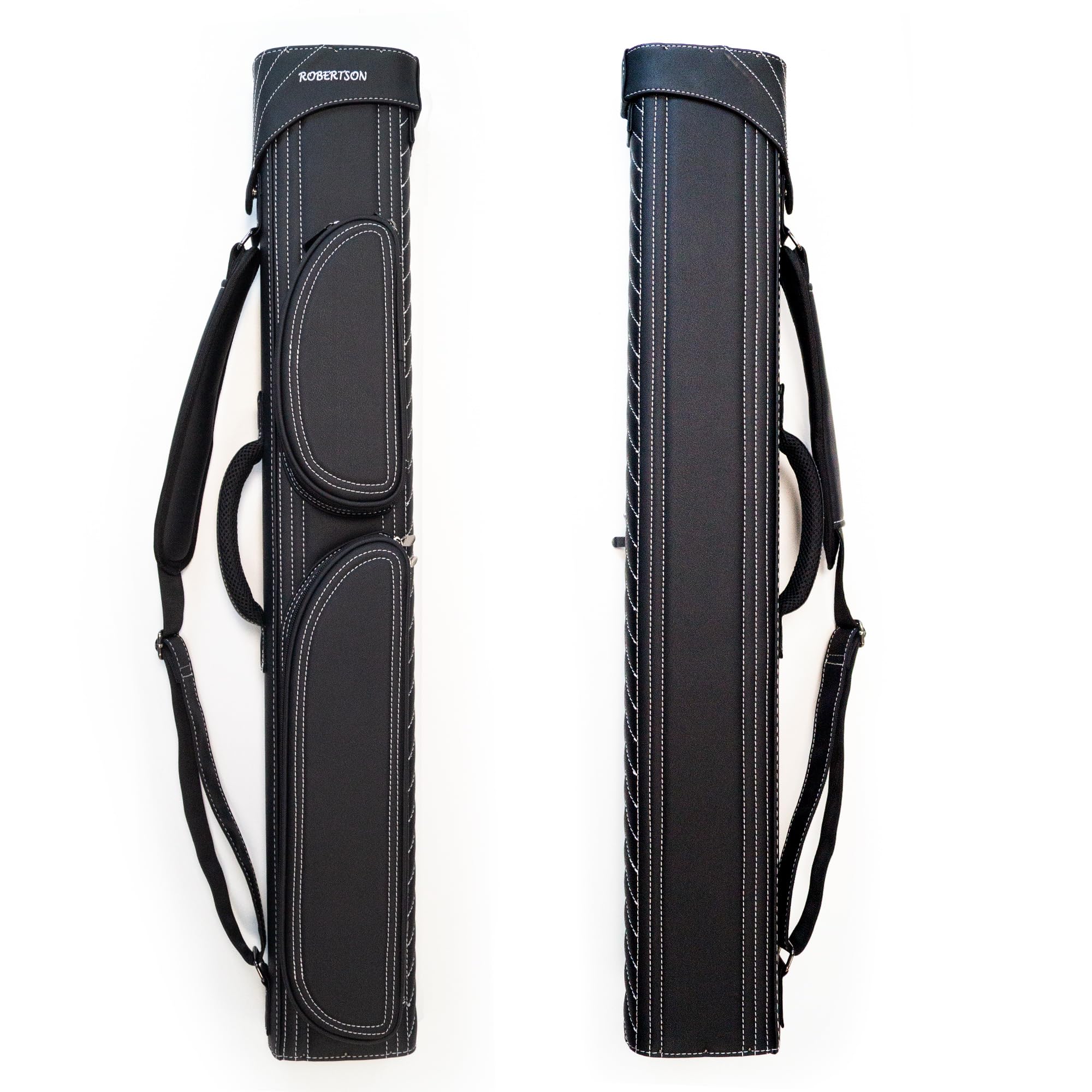 Robertson Billardköcher 3/5 Leder-Deluxe für 3 Queues und 2 Oberteile, Exklusives Profi-Case, mit großen Zubehörtaschen, edle Handarbeit, weiße Ziernähte und Tragegurt