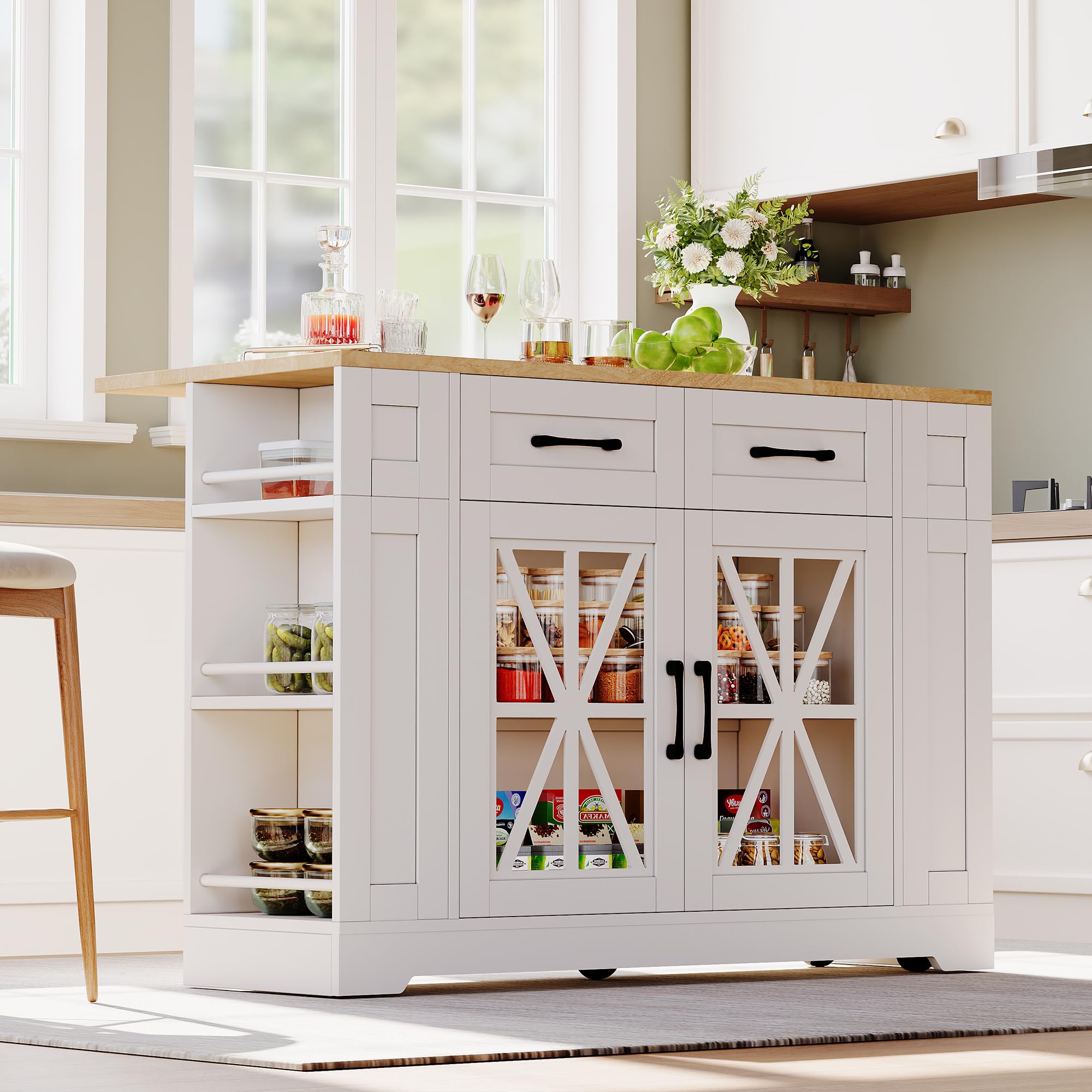 Îlot de Cuisine Moderne 120x40-60x92cm avec établi Pliable,Prise Secteur et Port USB,Buffet Cuisine avec tiroirs,Rangement Ouvert,Chariot de Salle à Manger,Buffet Salle a Manger,Blanc