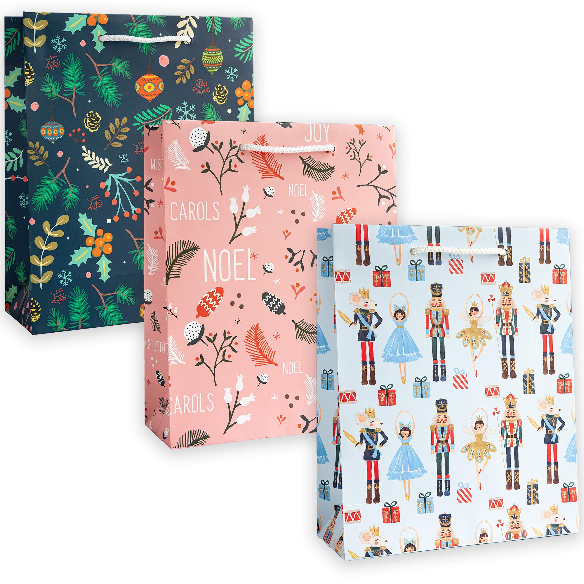 Set of 3 Unique Nutcracker Luxury Christmas Bags - Eco Friendly, Made in UK, 100% Recyclable - Designed for Women Men and Children by The Doodle Factory