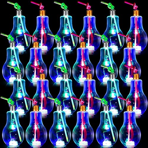 Meanplan 24 vasos de bombilla brillantes para fiesta, que brillan en la oscuridad, regalos de fiesta, vasos con luz LED intermitente con tapas y