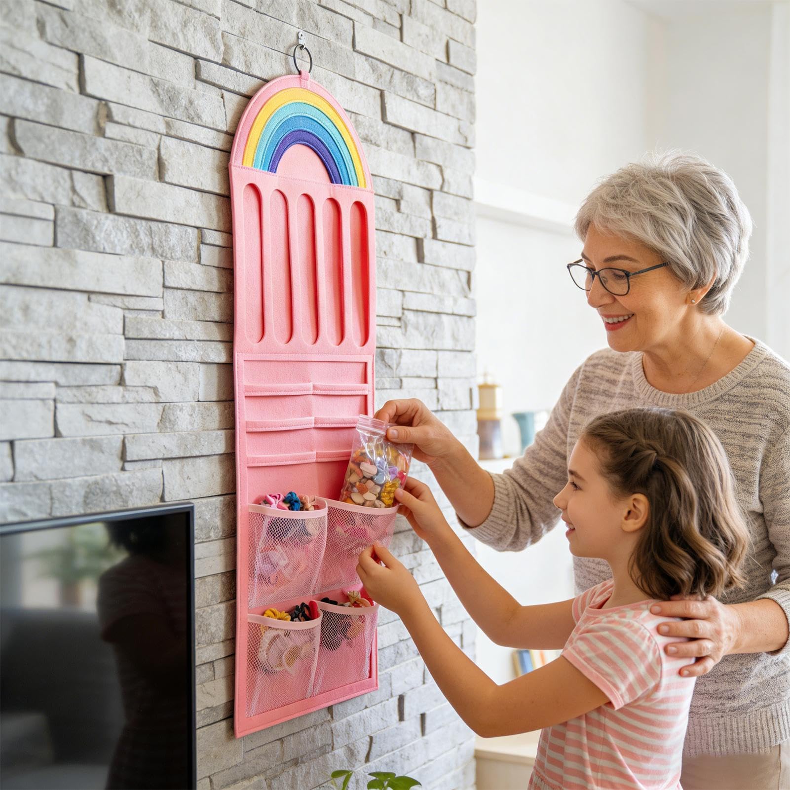 Organizer per fiocchi per capelli, borse da parete con tasca in rete, supporto per fiocchi per ragazze, decorazione per la stanza per figlie, bambini, fasce per capelli, gioielli, scrunchies, occhiali