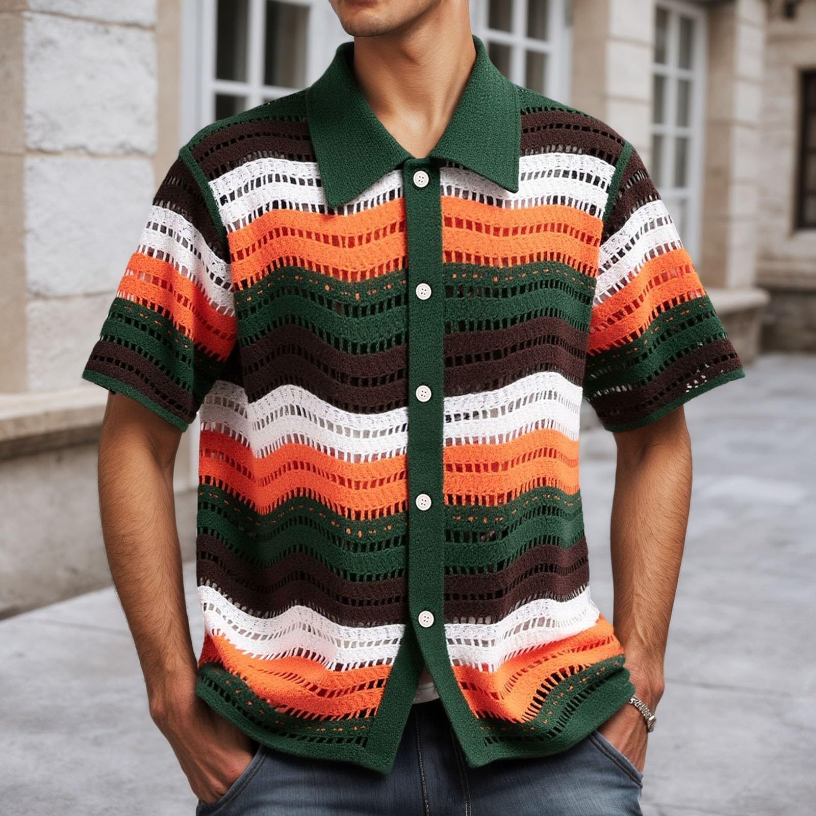 Camicia a maglia da uomo, a maniche corte, con scollo a V, a righe, per il tempo libero, casual, con colletto rovesciato