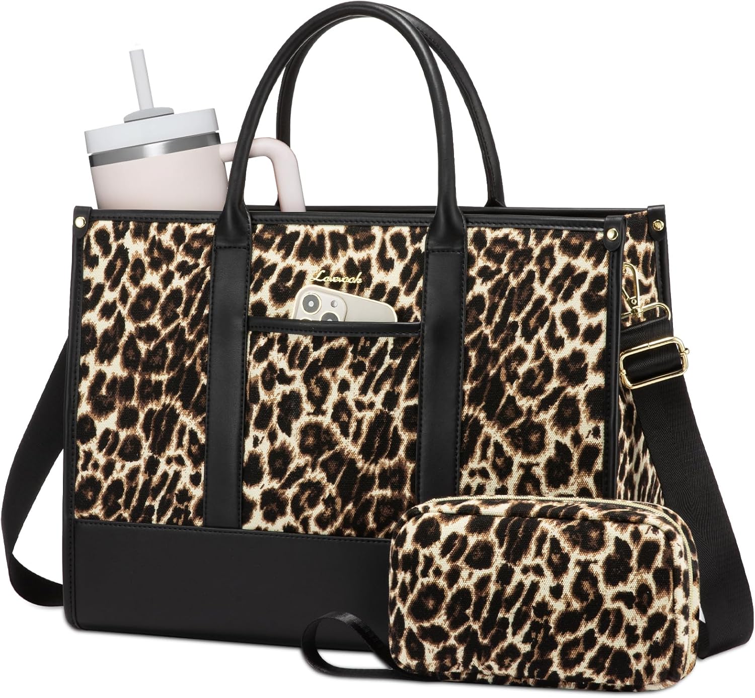 LOVEVOOK Laptop Tote Bags for Women Canvas Work Bag 15.6 inch Large Professional Teacher Purse Lightweight Computer Bag Briefcase Business Office, Leopard-black