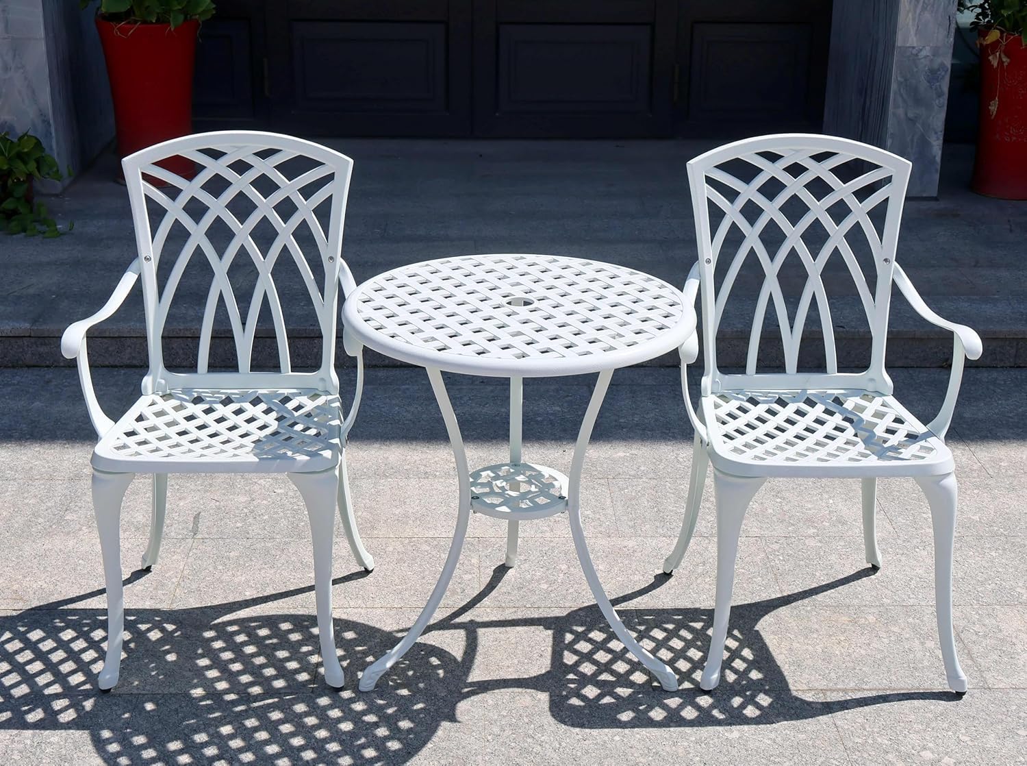 3 Piece Outdoor Bistro Set, Cast Aluminum Patio Table and Chairs Set of 2 with 1.97" Umbrella Hole, All Weather Outdoor Dining Set for Garden,Porch,Balcony (White 1)