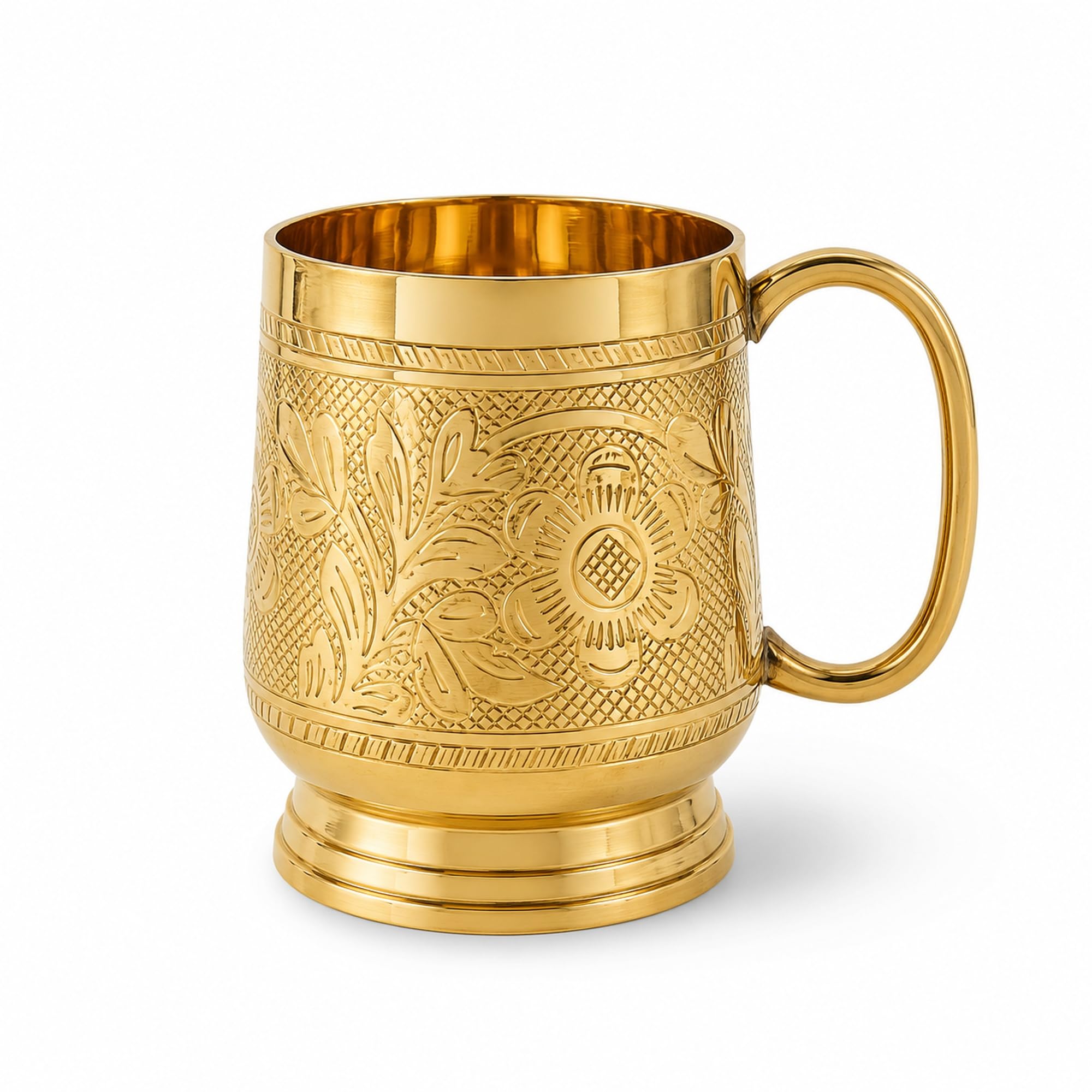 SHIV SHAKTI ARTS Solid Brass Mug, 500 ml, Mughal Floral Engraved Design with Handle & Pedestal Base | 345 gm Traditional Drinking Cup for Water, Serveware, Décor & Gifting-image-36