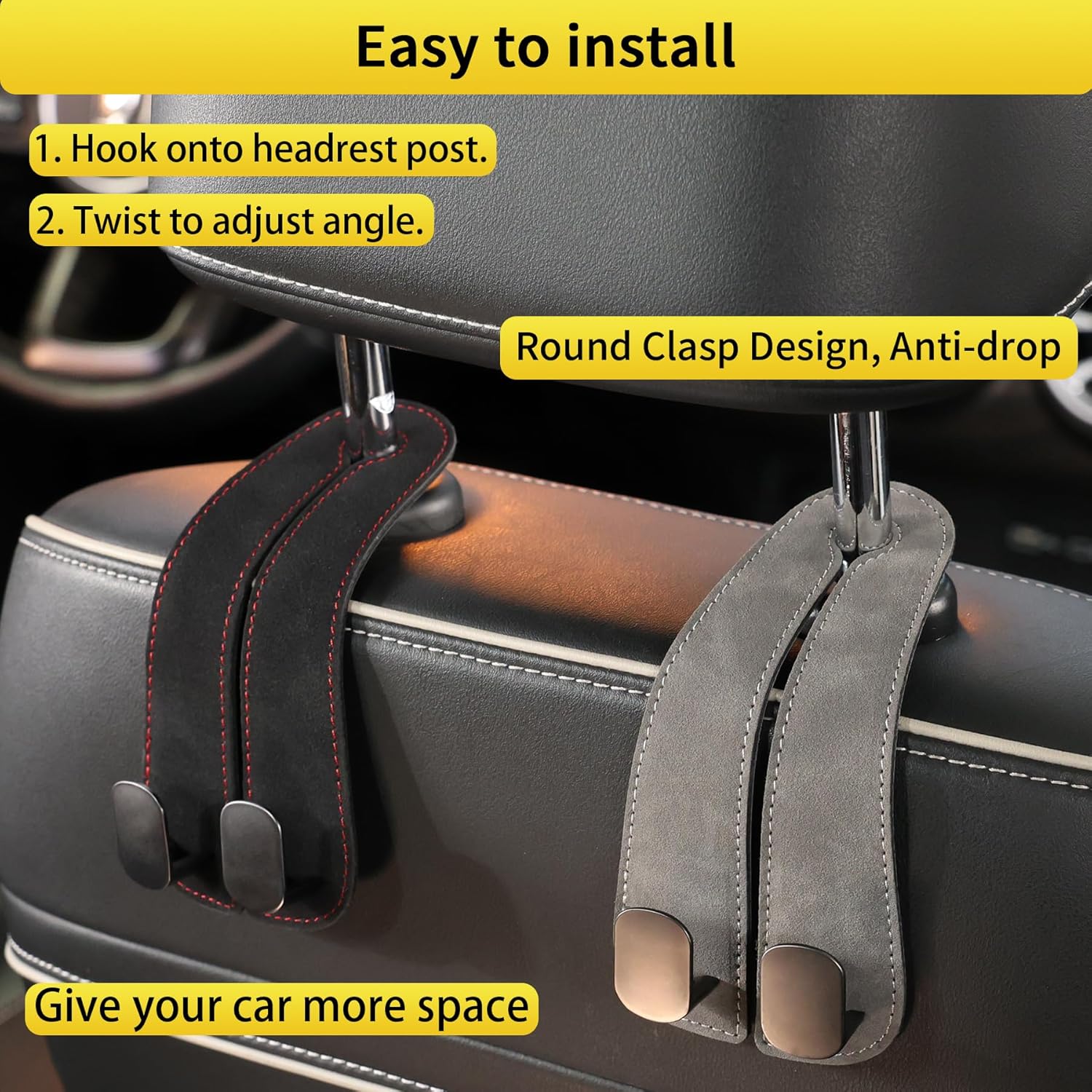 WEIHAO Purse Hook for Car Headrest, Suede Car Seat Back Storage Hook, Aluminum Twin Hooks Leather Car Headrest Hangers, Bag Holder for Sedan, Trucks, SUVs, Most Vehicles (Black-4PCS)