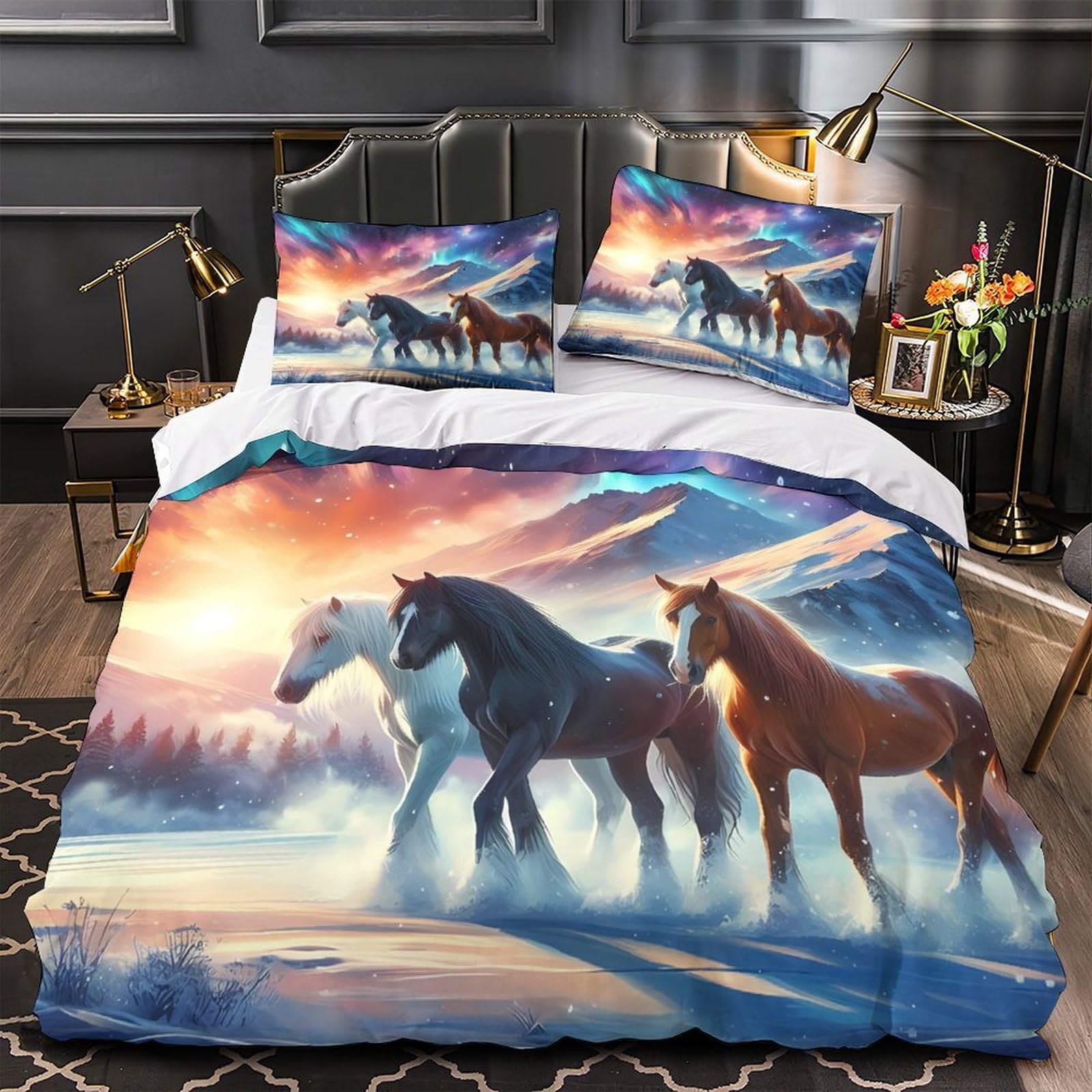 Housse de couette chevaux 3D lit simple pour chambre de garçon passionné