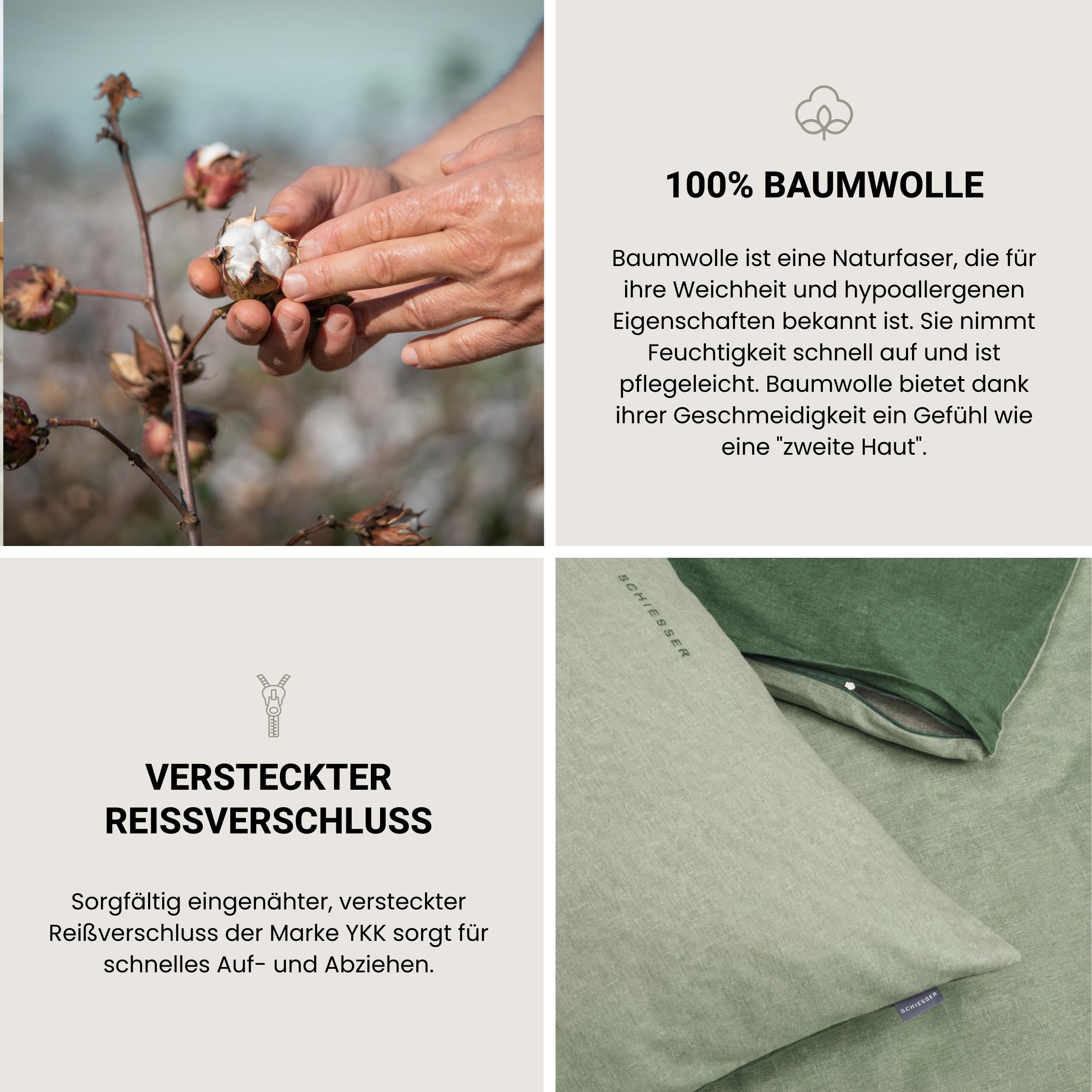 Schiesser Bettwäscheset Doubleface | Feinbiber | 100% Baumwolle aus nachhaltiger Produktion | 155x220cm + 80x80cm | Grün