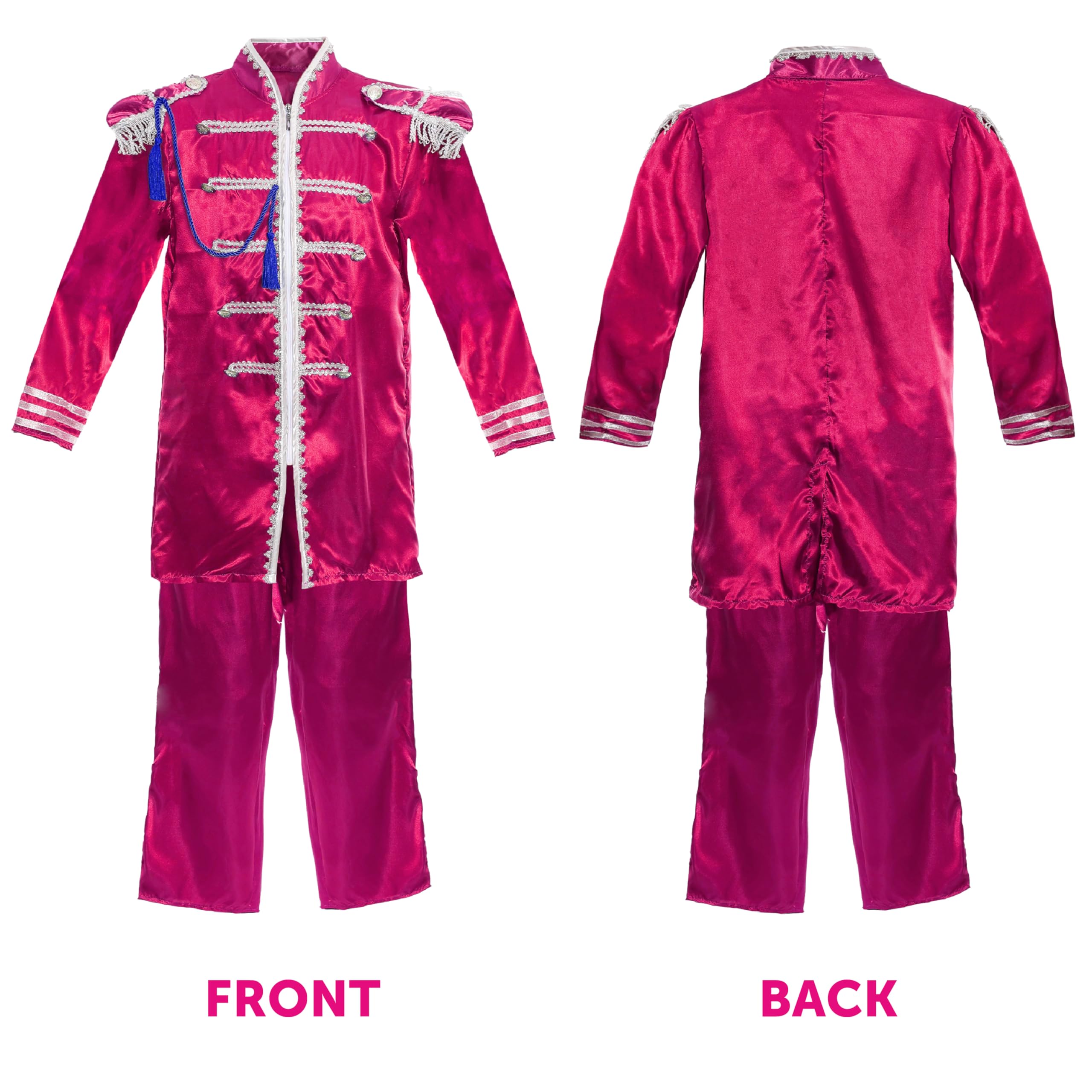 Conjunto de disfraz de banda rosa de los años 60, incluye chaqueta, guitarra de la bandera británica, peluca, gafas, bigote y collar de la paz