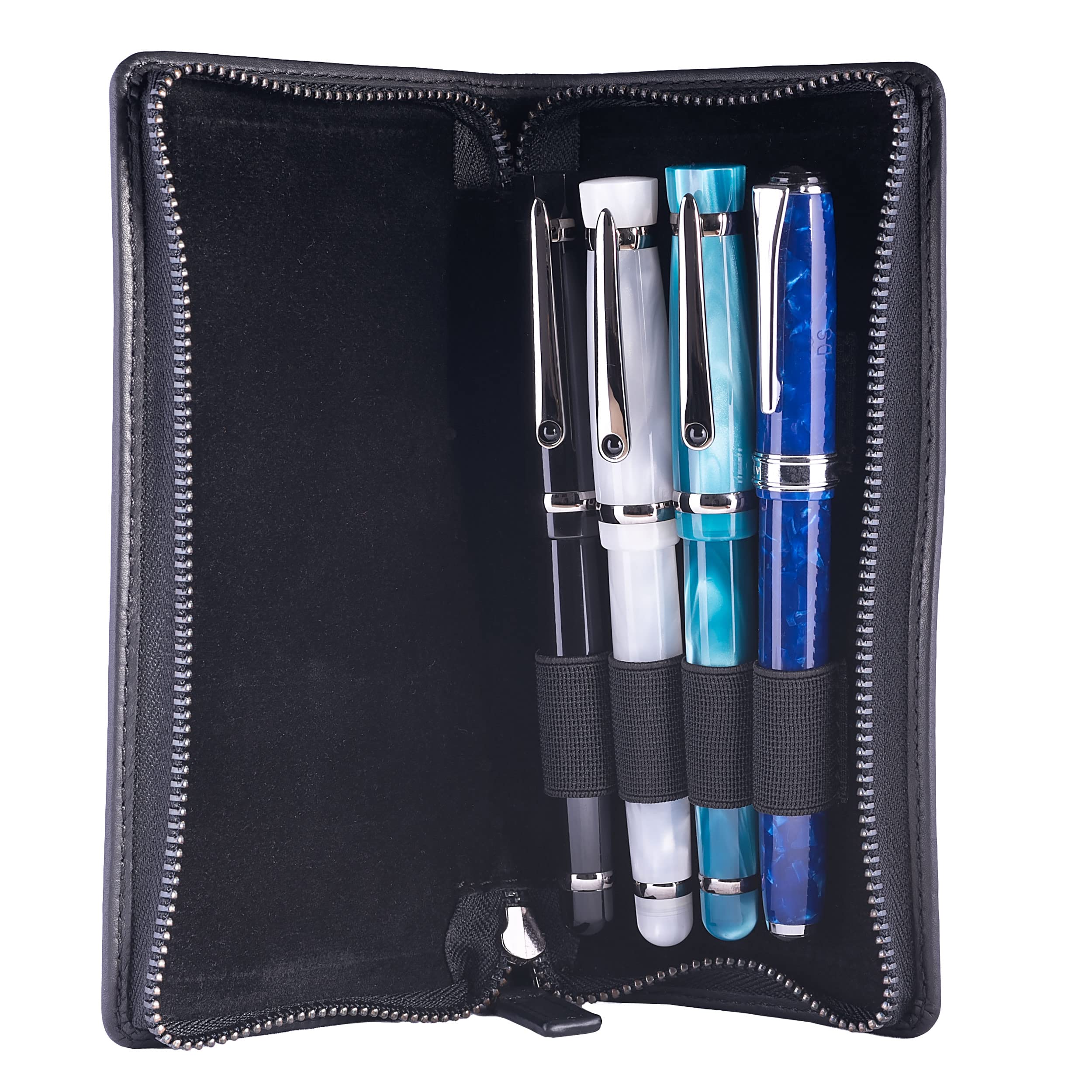 DiLoro Astuccio portapenne triplo o quad, in pelle, con cerniera, per tre o quattro penne a sfera e matite (nero)