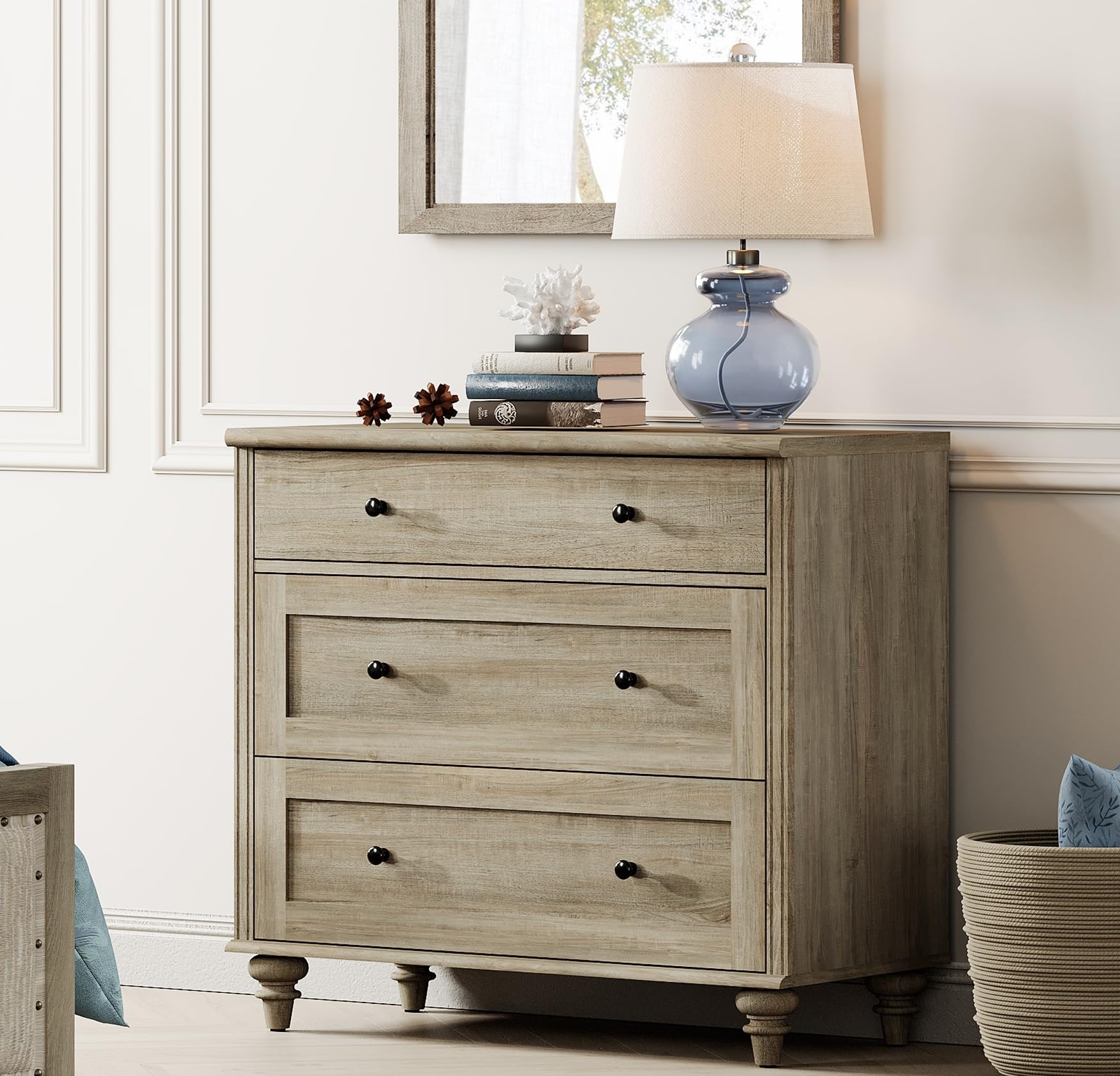 WAMPAT Dresser for Bedroom with 3 Drawers, Modern Kids Dressers with Wide Chest of Drawers, Farmhouse Wooden Hutch Cabinet with Storage, Small Dressers for Living Room, Nursery, Hallway, Wash Grey