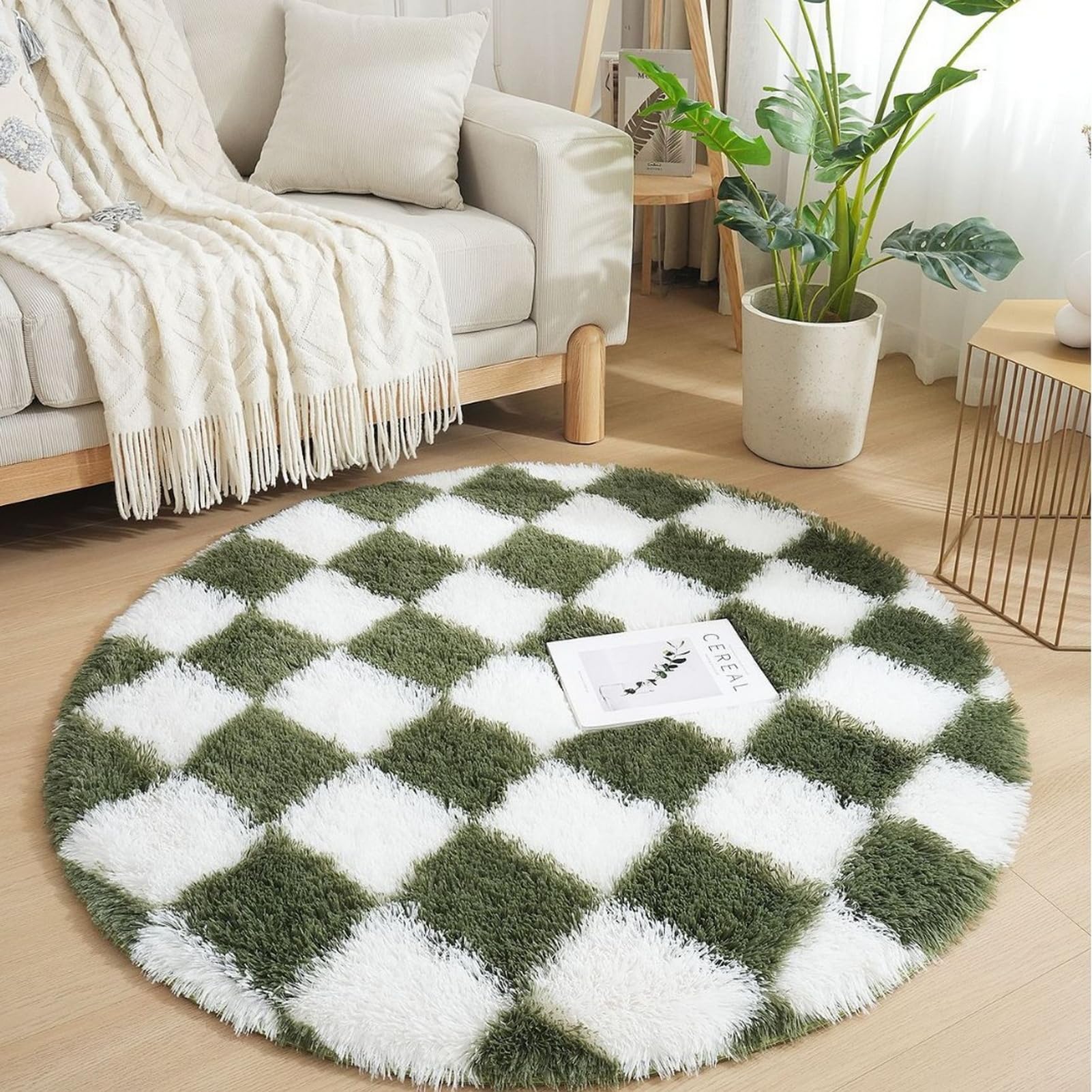 Lifup Teppich Rund Hochflor Teppich, Kariert Extra Weicher Flauschig Waschbar rutschfest für Wohnzimmer Schlafzimmer Grün-Weiß 2 120 x 120 cm