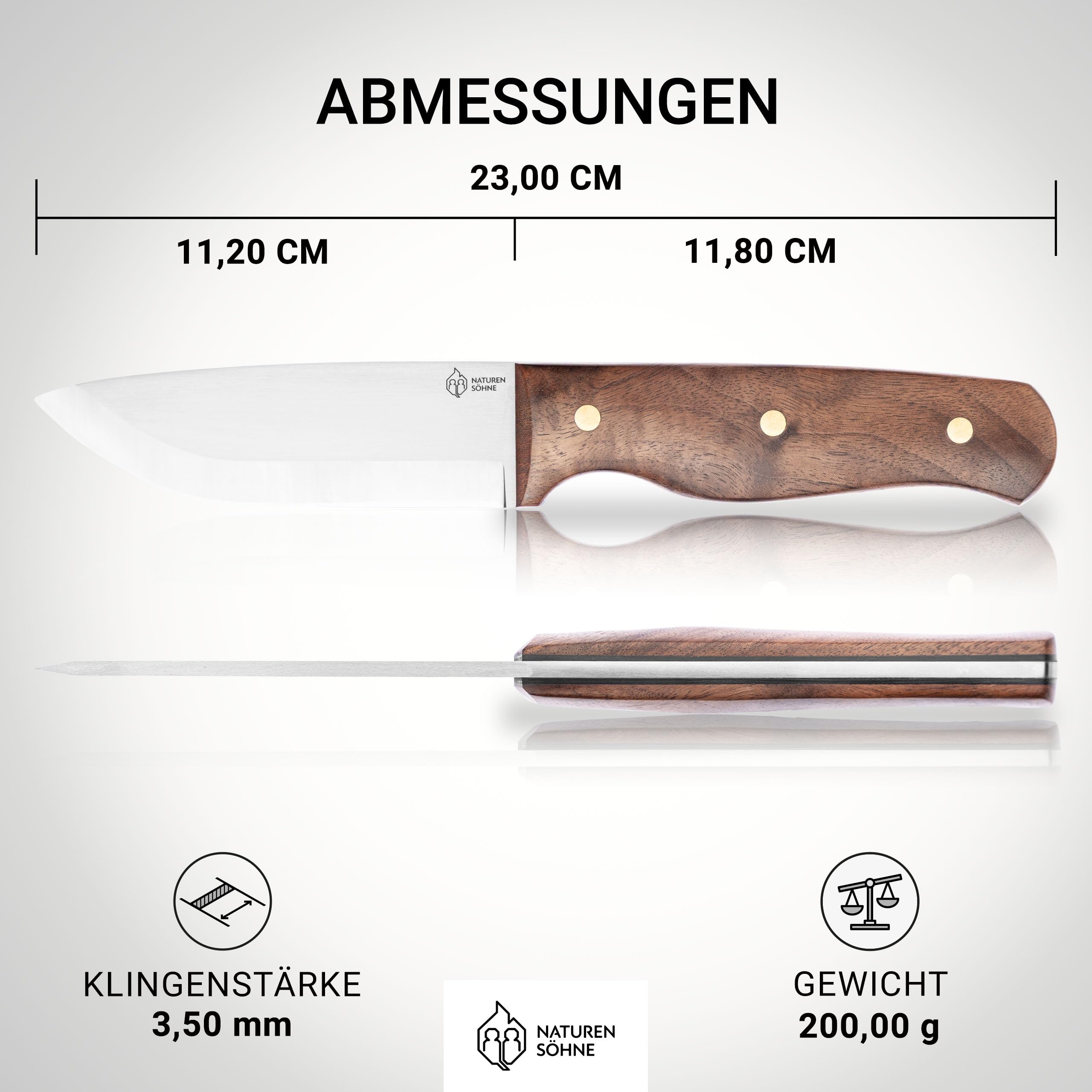 NATURENSÖHNE® MK. III - Jagdmesser mit 11,2 cm Scandi Klinge feststehend - Fulltang Bushcraft-Messer mit Walnuss Holzgriff - Outdoormesser mit Leder-Scheide - Fahrtenmesser klassisch für Pfadfinder