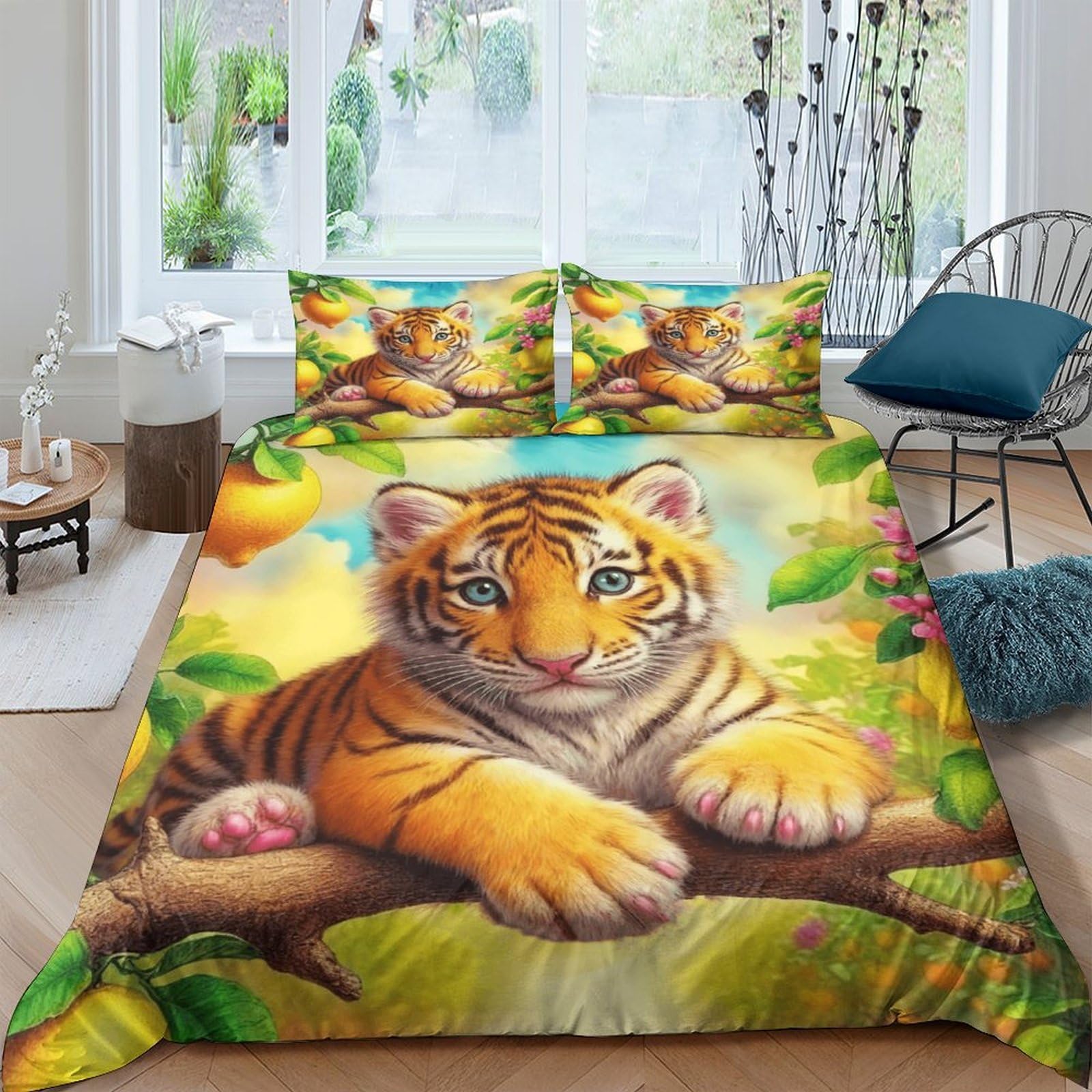 WXLWHR Tiger Duvet Cover Set 3D Lemon Tree Print Bedding Set Soft Polyester Comforter Cover with Hidden Zipper & Pillowcase for Teens And Adults Double（200x200cm）