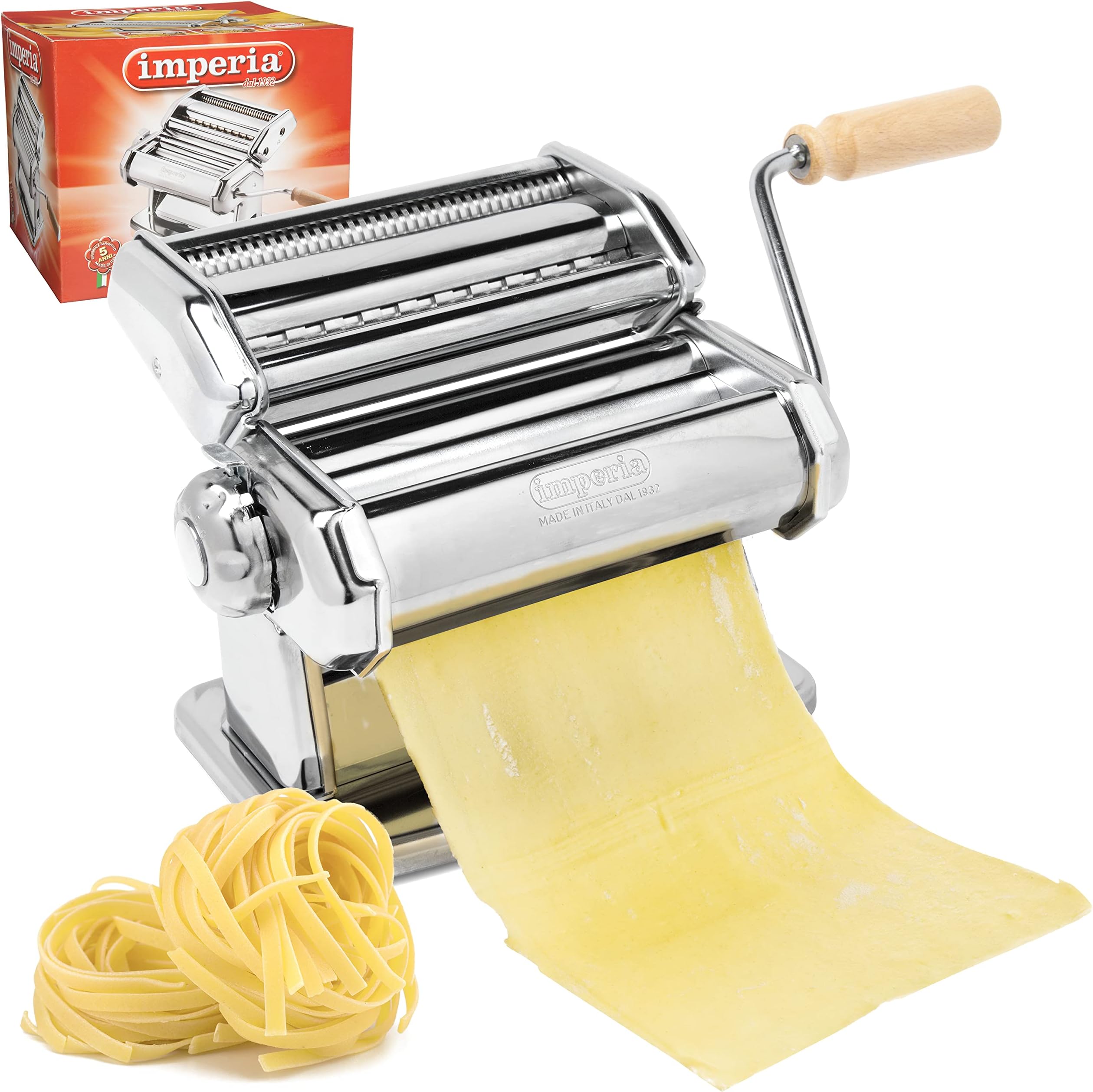 Imperia Italian Double Cutter Pasta Machine, Homemade Pasta Maker with Detachable Wooden Handle, Adjustable Dial with Six Thickness Settings
