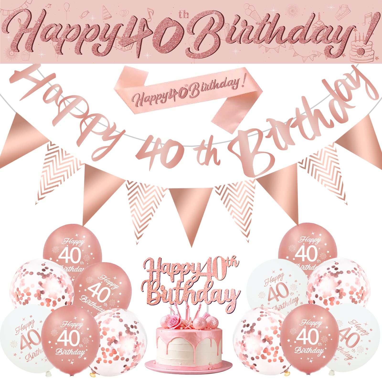 40th Birthday Decorations for Women, Rose Gold Balloons with Happy 40th Birthday Banner and Flag, Sash, Triangle Bunting Flags, Cake Topper, 40th Birthday Balloons for Party Decoration