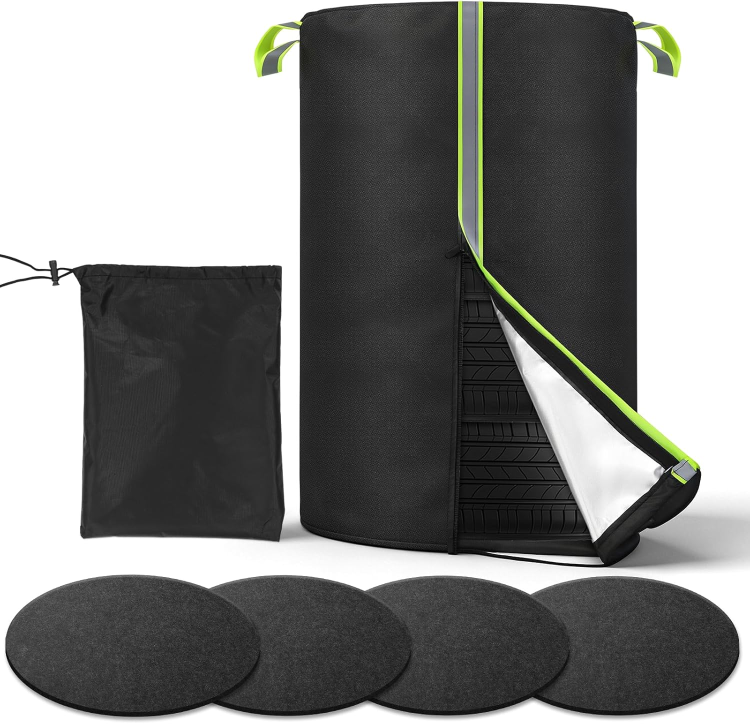 Tire Cover for 4 tires, 420D Oxford Waterproof Up to 33in Tire Storage Bag with Reflective Handle 4 Felt Pads, Seasonal Tire Cover W/Zipper & Drawstring Lock for UV Protection, Dirt-Resistant