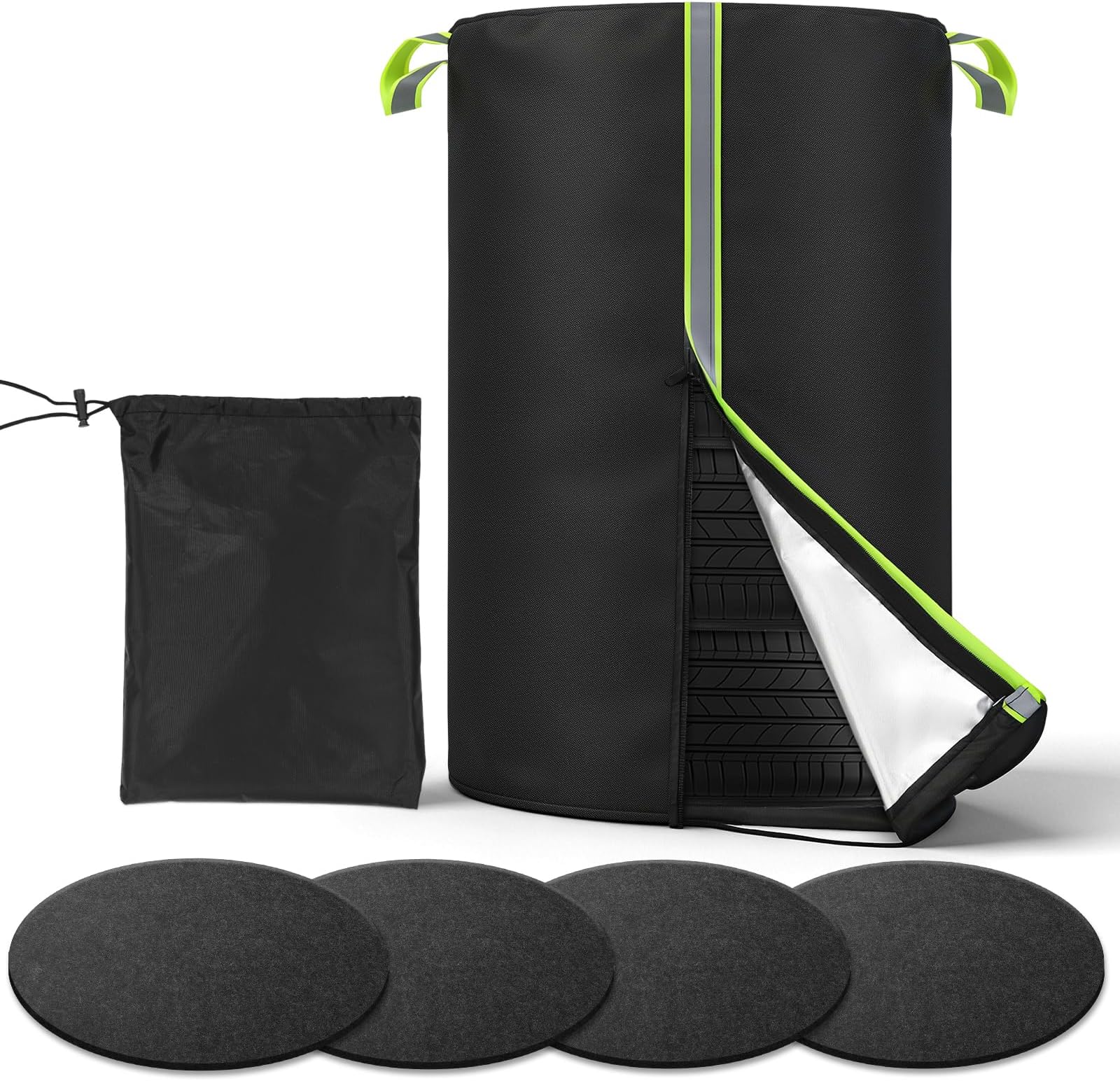Tire Cover for 4 tires, 420D Oxford Waterproof Up to 33in Tire Storage Bag with Reflective Handle 4 Felt Pads, Seasonal Tire Cover W/Zipper & Drawstring Lock for UV Protection, Dirt-Resistant