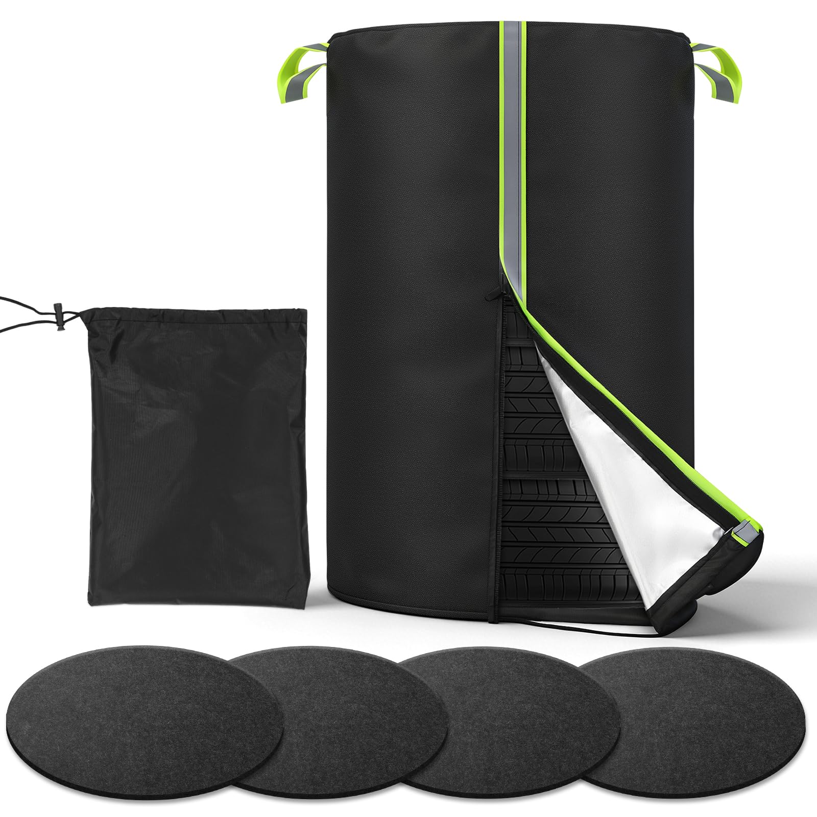 - Tire Cover for Storage, 420D Oxford Waterproof Up to 33in Tire Bag with Reflective Handles 4 Felt Pads, Fits 4 Tires Storage Bag W/Zipper & Drawstring Lock for UV Protection, Dirt-Resistant