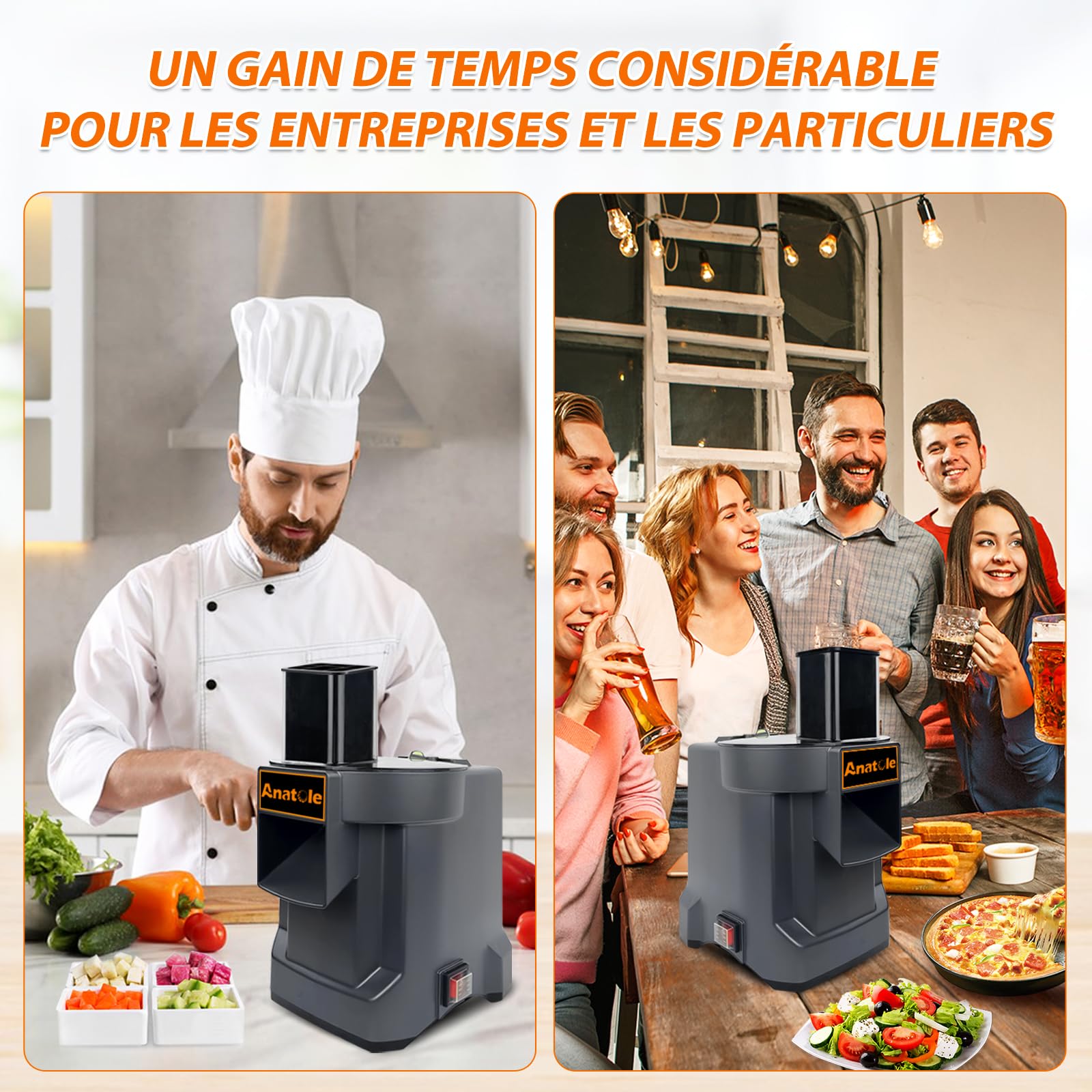 Anatole Coupe Légumes en Cubes Électrique Professionnel avec 3 Lames | 9/12/16mm Lames en Acier Inox, pour Pomme de Terre Carotte Oignon Concombre Fruits, pour Restaurant Hôtel Maison, 100W 220V