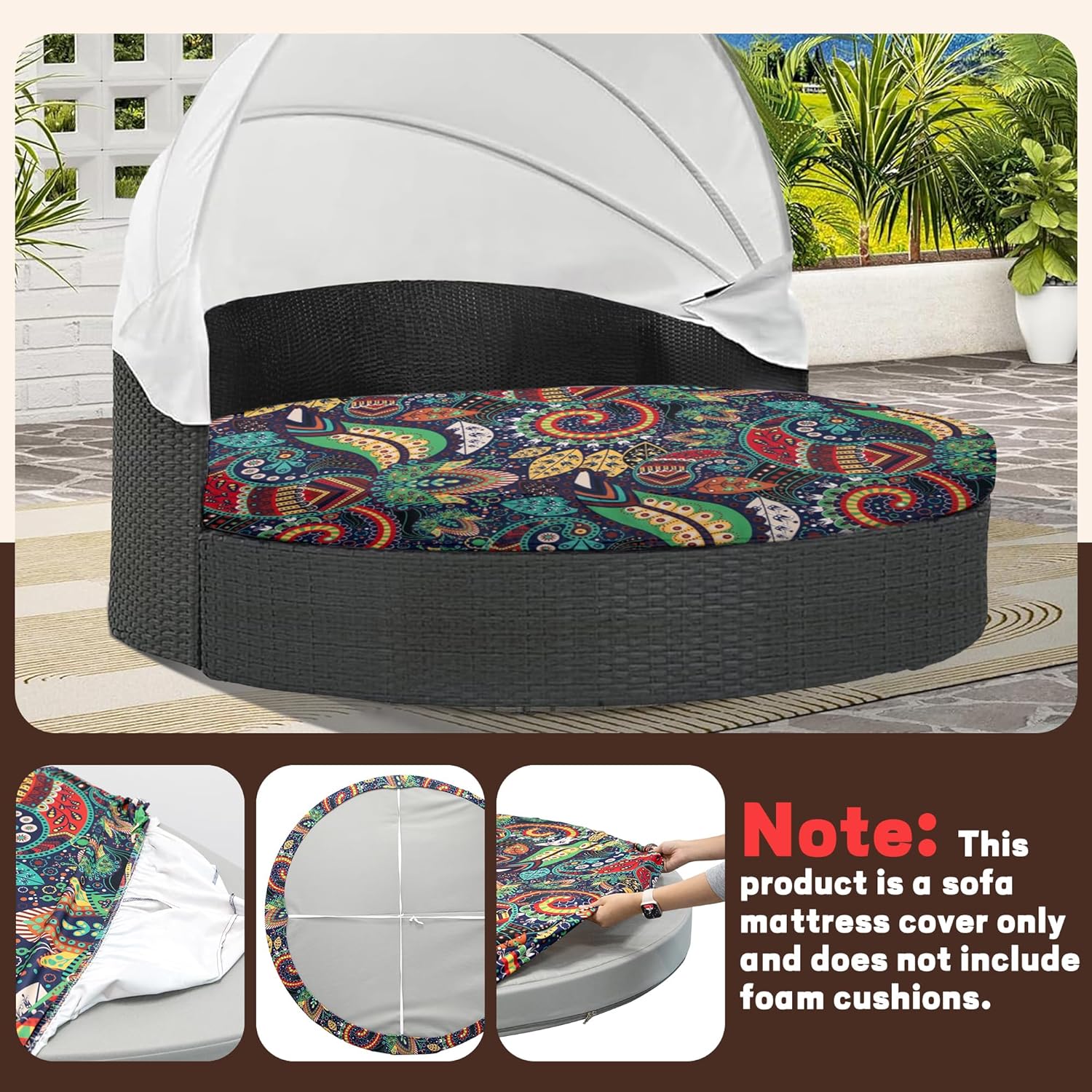 Round Daybed Cushion Cover 66" (66 inch) - Waterproof Outdoor Patio Replacement Slipcover for Rattan Wicker Daybed （Rococo）