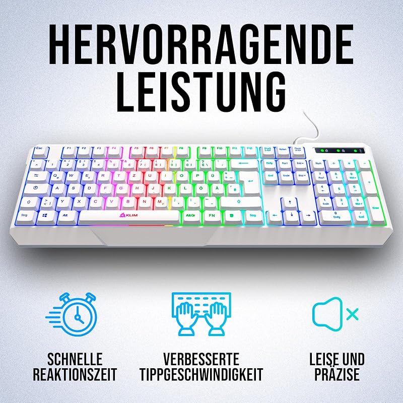 KLIM Chroma RGB Gamer Billentyűzet - Német QWERTZ, Fehér, Vízálló, Csendes Billentyűk, Tartós, Ergonomikus, USB Kábeles - PC, Mac, PS4, PS5