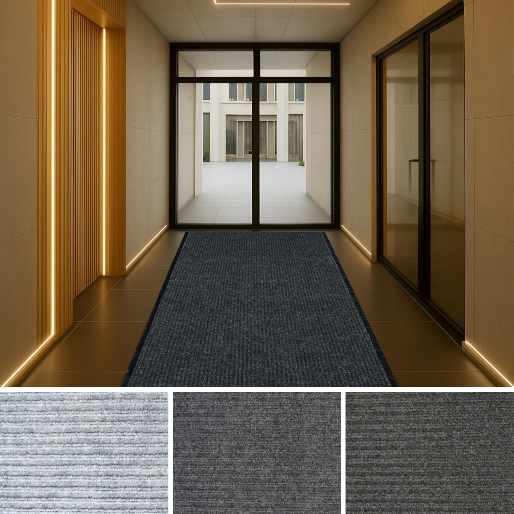 iCustomRug 4' X 18' Black - Heavy Duty Ribbed Indoor Outdoor Runner Rug, Waterproof Non‑Slip Vinyl Backing, Custom Lengths and 4 Widths for