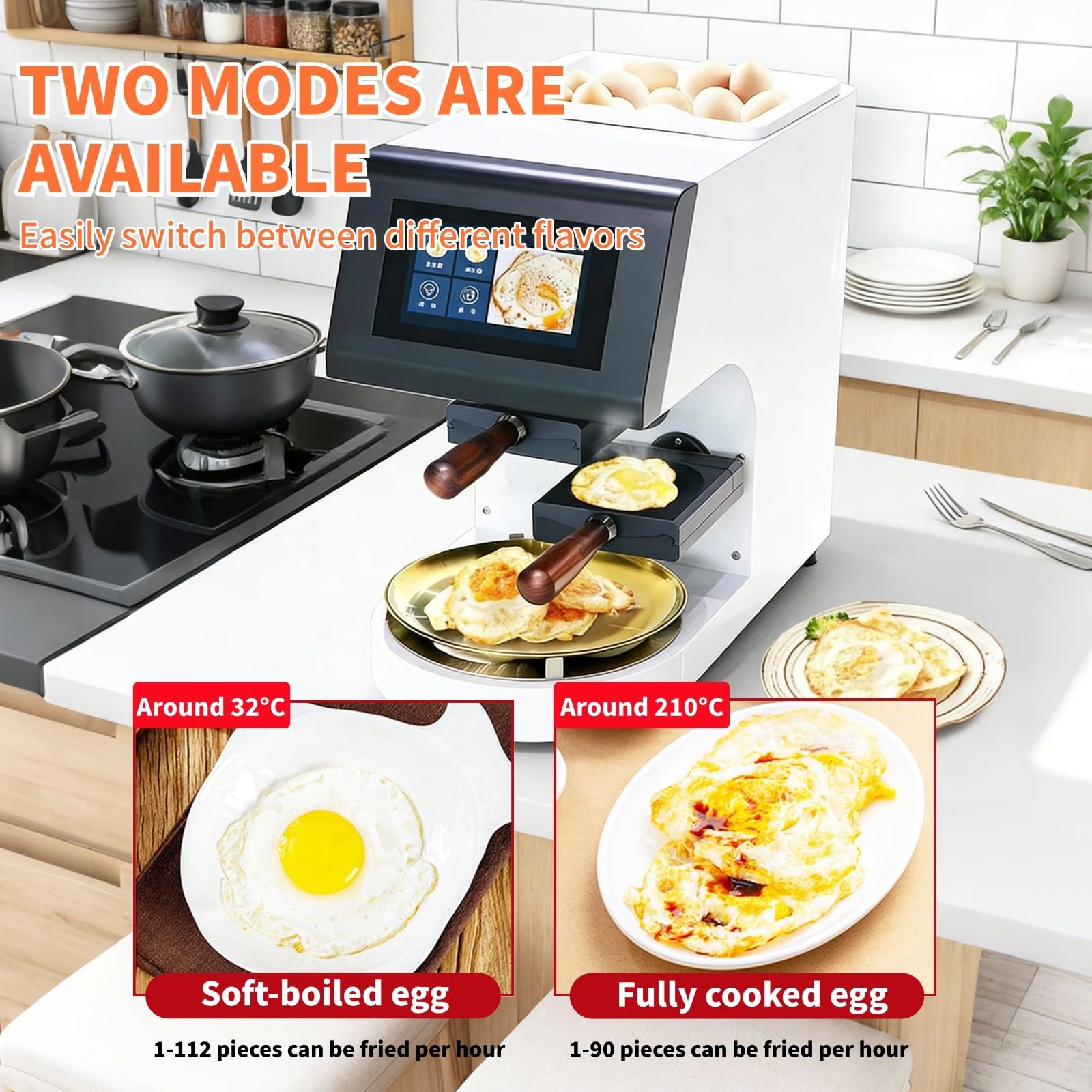Máquina automática para freír huevos, cocinadora inteligente de huevos fritos de 2500 W, máquina automática para huevos fritos con pantalla táctil LED, huevo frito rápido en 30 segundos Yellow