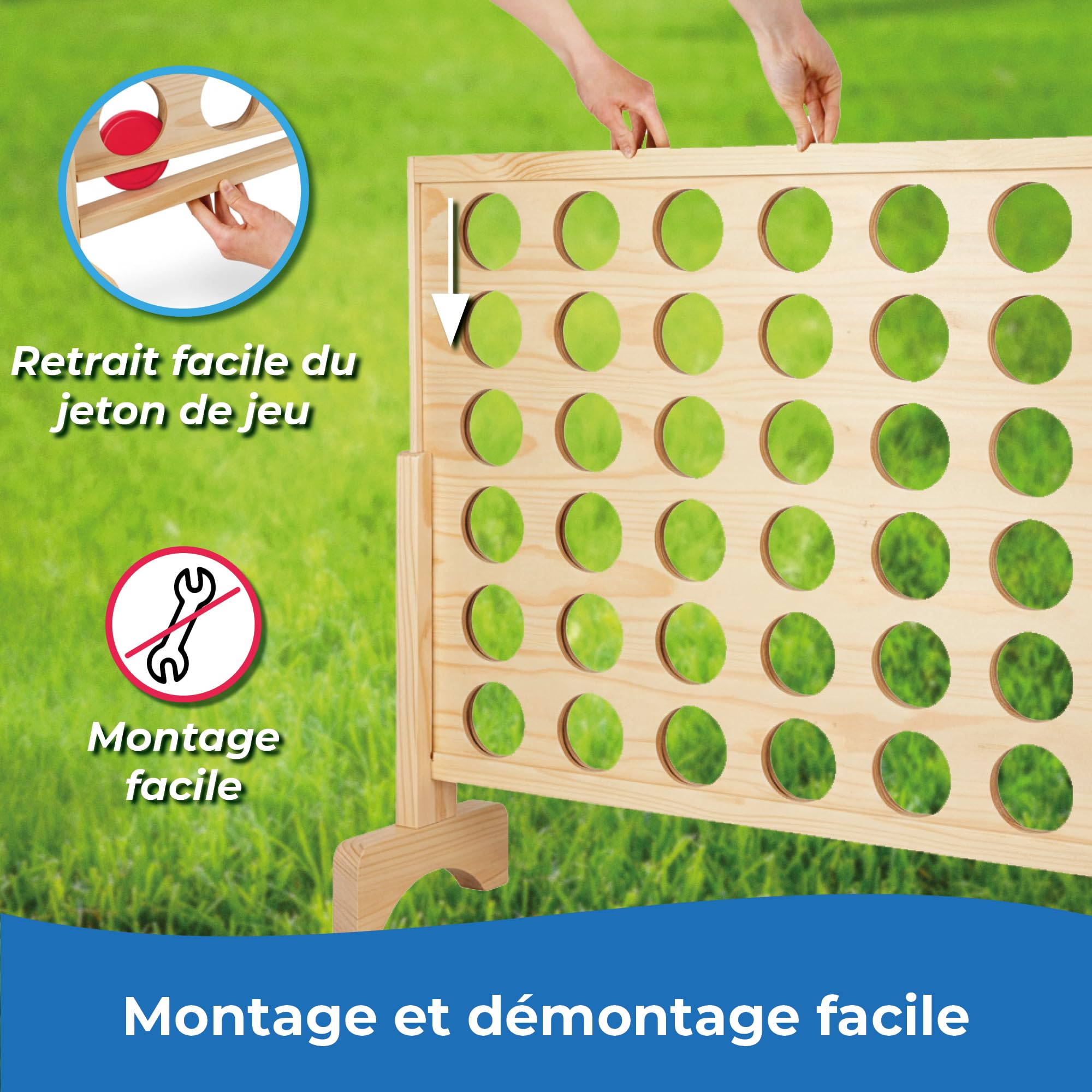 Toyfel Puissance 4 XXL Jeu de Societe Nature – Puissance 4 Geant en Bois certifié FSC® – Jeu Exterieur & Interieur – Jeu de stratégie pour Adultes & Enfants à partir de 4 Ans - Ace
