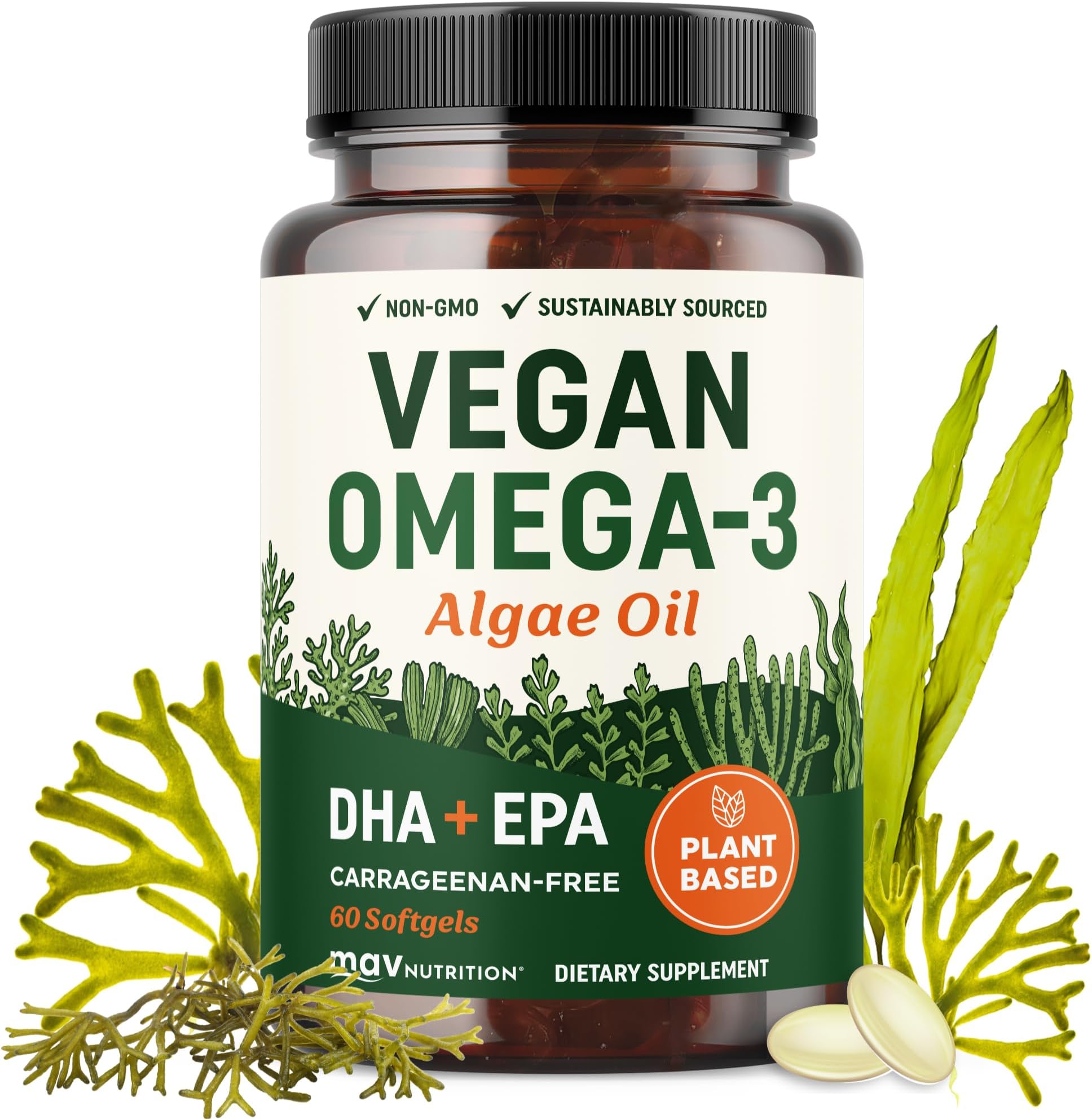 Vegan Omega 3 Algae Oil | Plant Based DHA EPA | Sustainably Sourced, No Carrageenan | Heart, Brain & Eye Health Support | Fish Oil Alternative | Omega 3 Fatty Acid Supplements | 60 Softgels