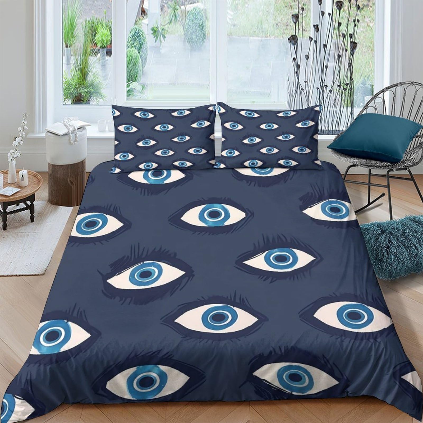TUFRTGYHN 3D Printed Evil Eye Duvet Cover Microfiber Navy Blue Soft Breathable Bedding Set with 2 Pillowcases for Bedroom Decor Single（135x200cm）