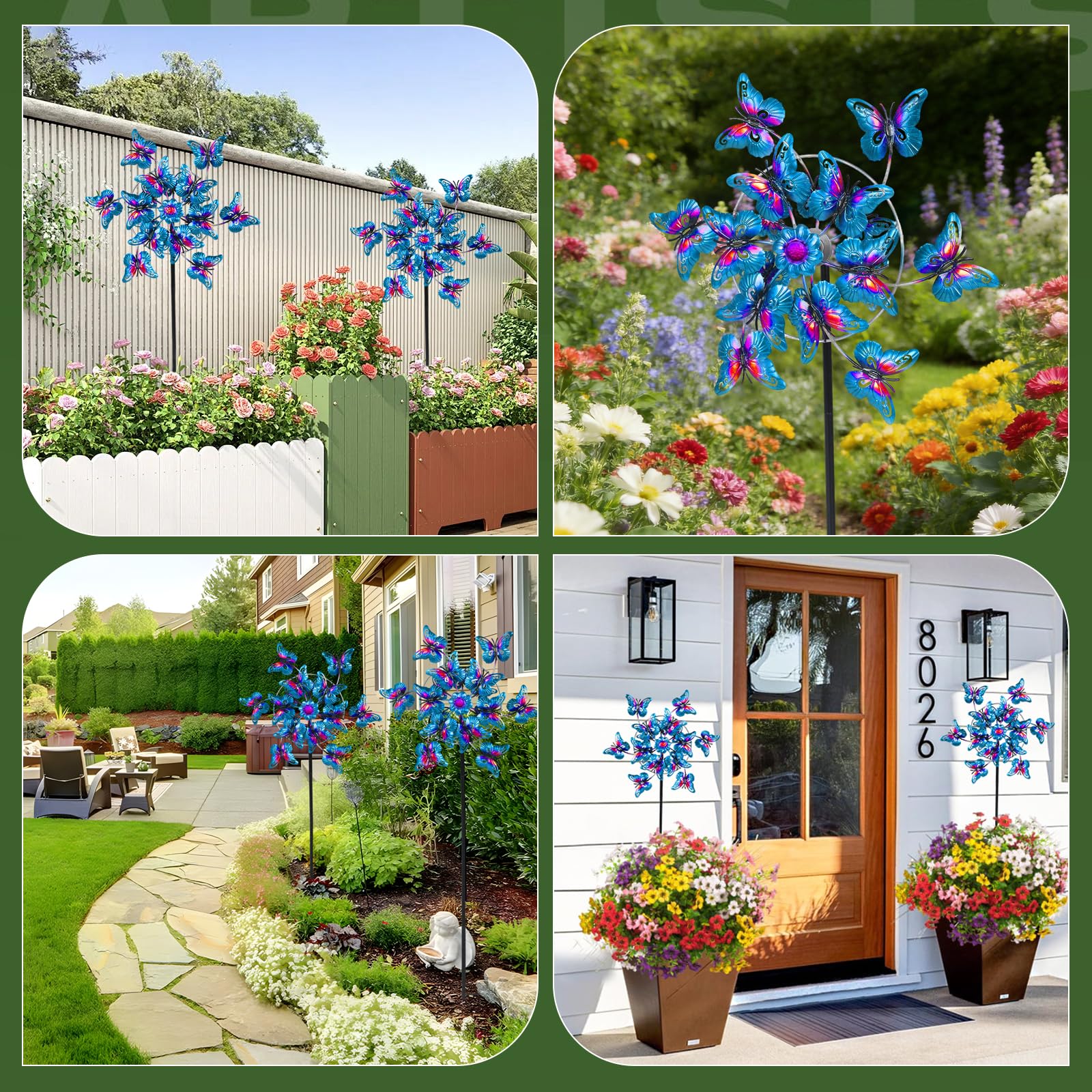 Girandola a vento con farfalla per esterni, scultura da giardino, mulino a vento cinetico in metallo con palo a terra, decorazione artistica per cortile, prato, patio, balcone (blu + viola)