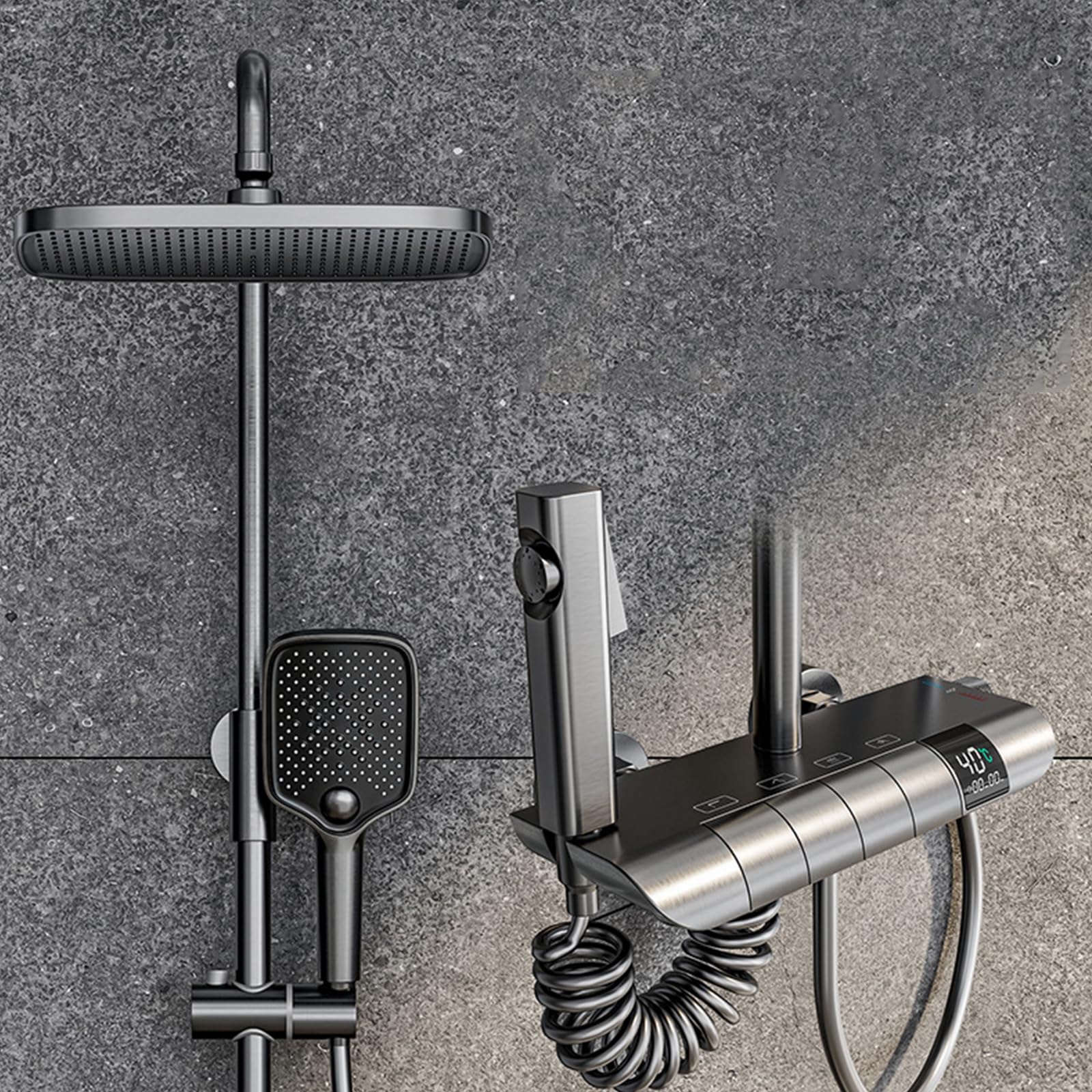 ZYCHSJXA Shower Faucet SetPiano Key Mixer Digital Display 4 Way with Rainfall, 3-Function Handheld, Tub Spout and Bidet Sprayer, Adjustable Height,Gun Grey