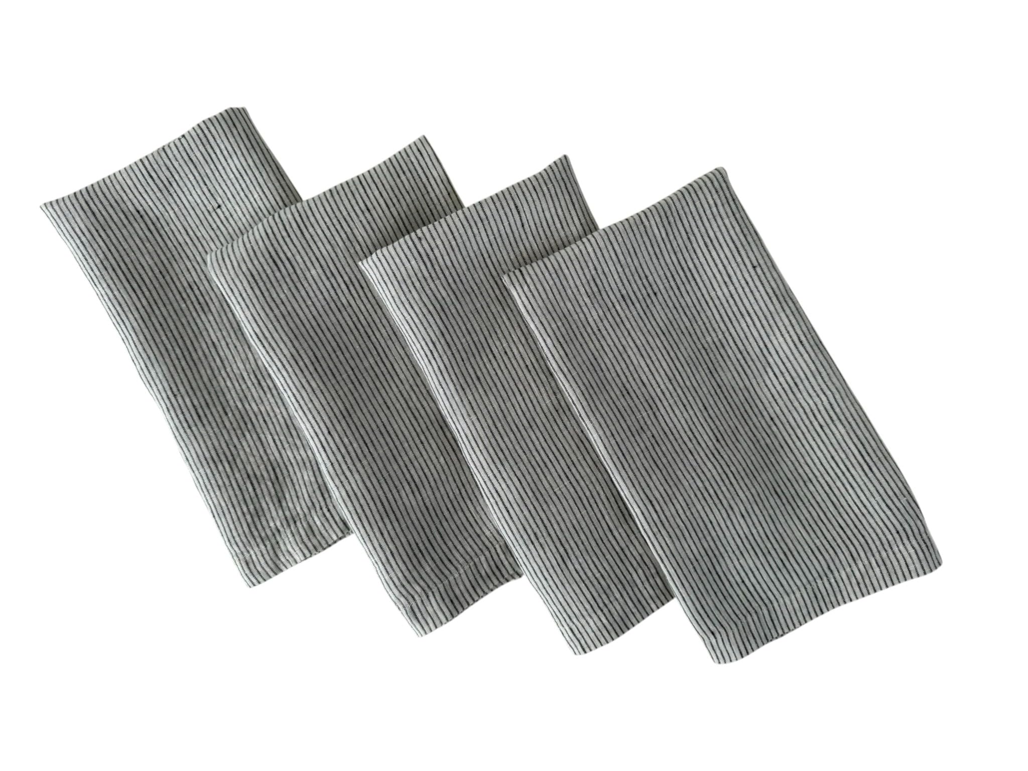 Eight Owls Black Pinstripe Linen Napkins – 100% Pure Stonewashed Linen Cloth Napkins – Mitered Corners – Size 50Cm X 50Cm – Set Of 4 (Black Pinstripe)