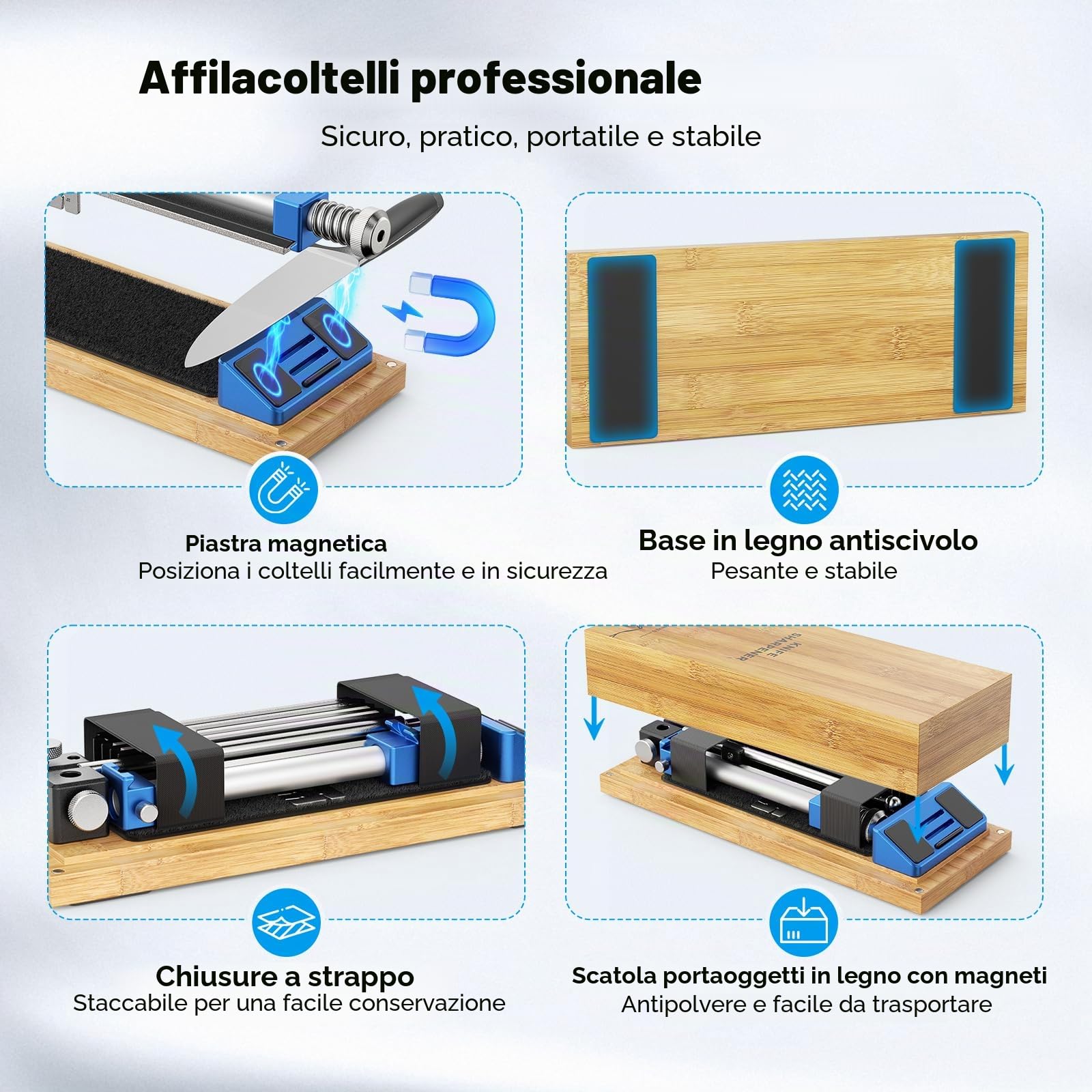 Affilacoltelli manuale con guida angolare – Kit professionale comprensivo di 4 pietre per affilare, adatto a tutti i coltelli da cucina e da outdoor, con base antiscivolo in legno