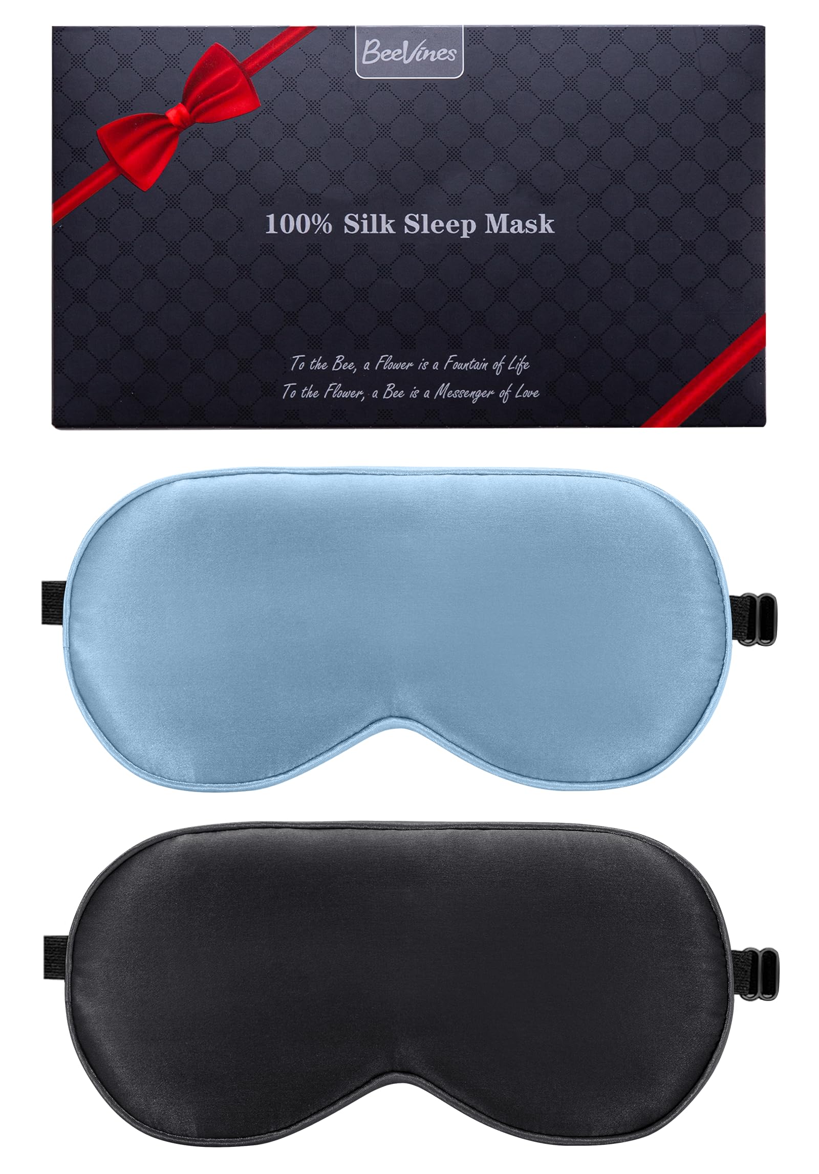 Beevines Mascherina Per Dormire, Confezione Da 2 Maschera Per Dormire Seta, Maschere Per Occhi In Pura Seta 100% Con Cinturino Regolabile, Mascherina Notte Per I Regali Yoga (Nero E Azzurro)-image