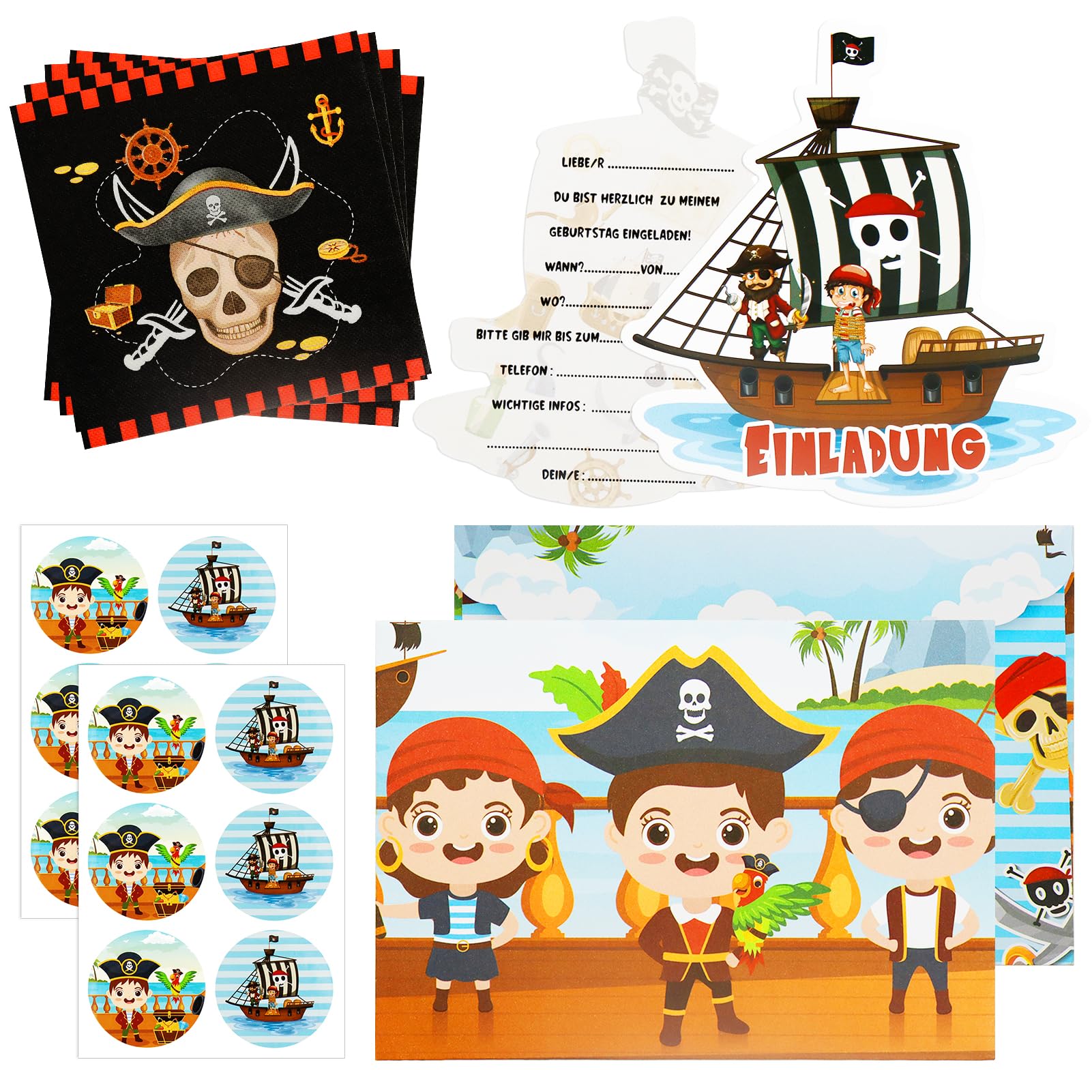 Partyeinladungskarten Tiere & Piraten – 20 Karten + Umschläge – Bunt, Flacher Stil