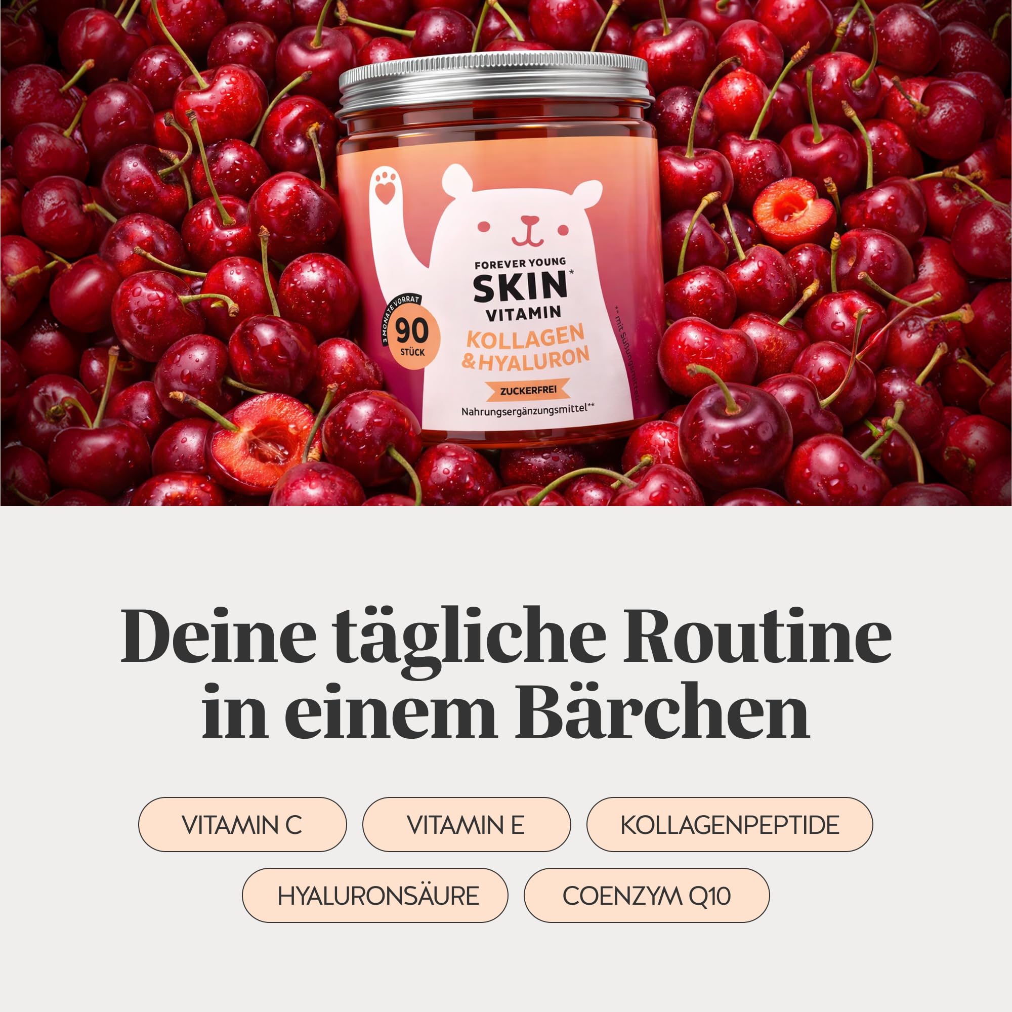 Forever Young Skin – Vitamin Collagen & Hyaluronic Acid – Anti-Aging Gummies – mit Vitamin C, E und Coenzym Q10 – 90 Stück (3 Monate) – zuckerfrei – Bears with Benefits