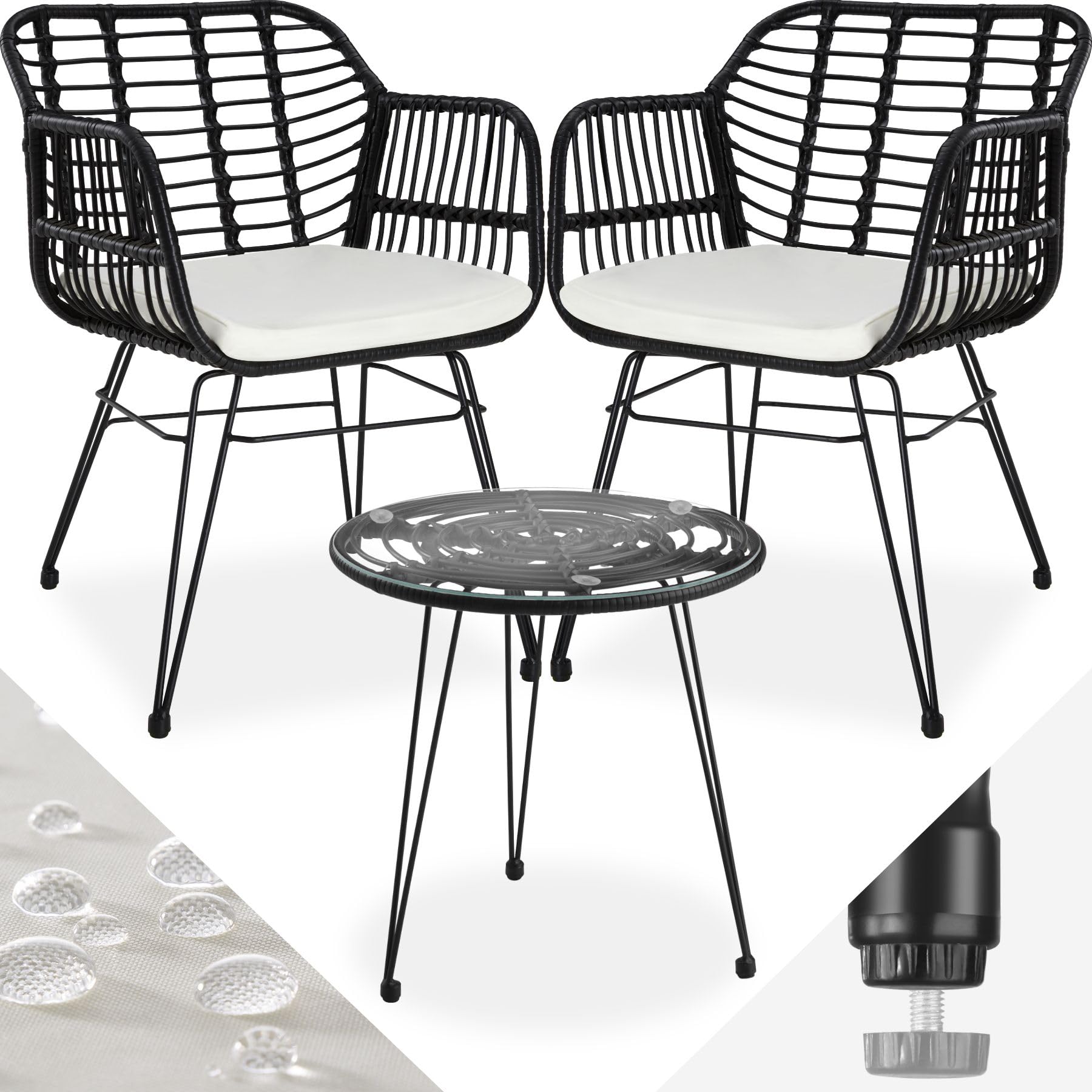 TecTake® Conjunto Jardín Exterior de Ratán y Acero para 2 Personas, Muebles Jardín Exterior Resistentes a Intemperie, 2 Sillas con Cojines (Fundas Extraíbles), 1 Mesa con Cristal - Negro