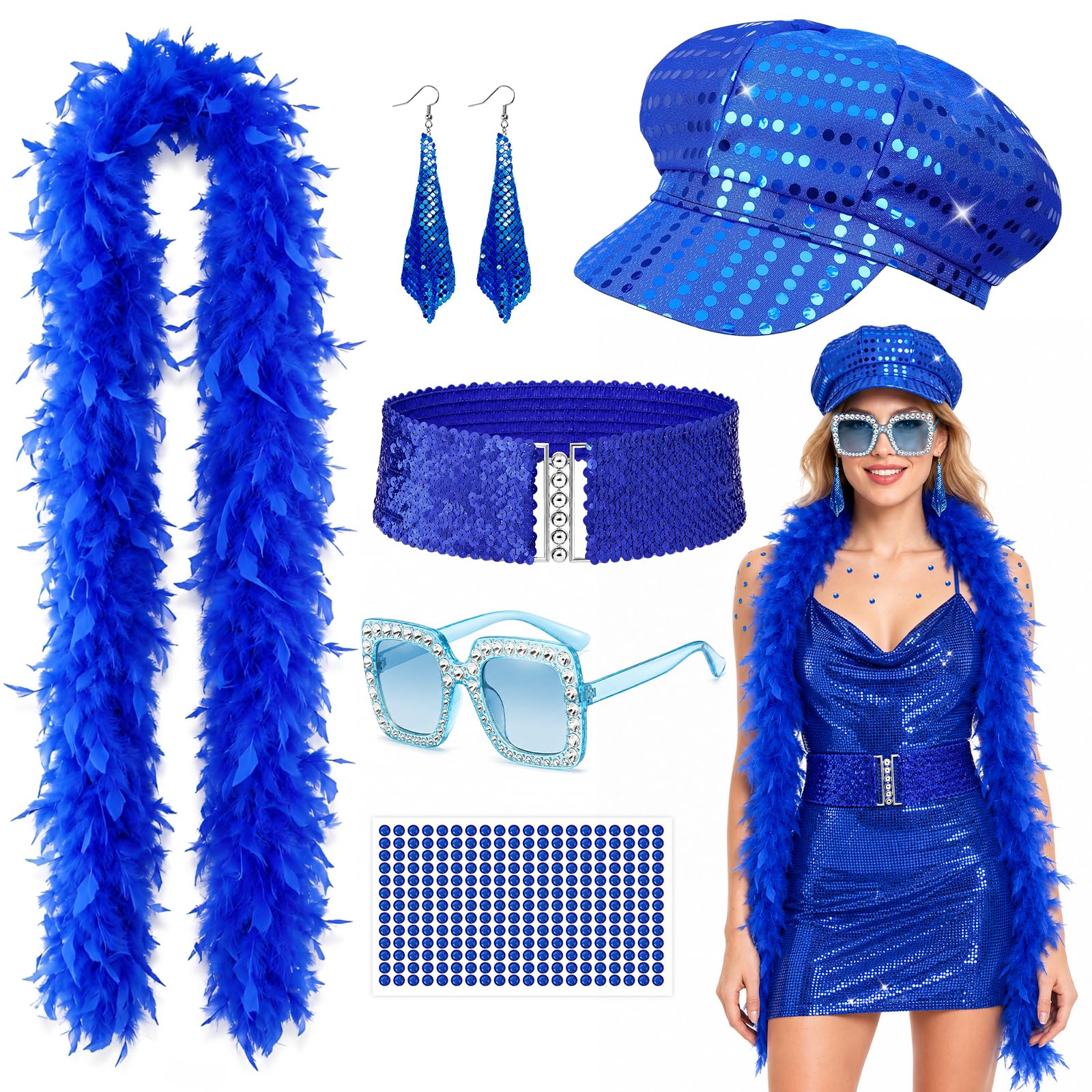 Oerphh 5Pcs Disco Costume Set for Women - 70s Disco Accessories with Sequin Hat Sunglasses Feather Boa,Abba Fancy Dress Kit (Blue)
