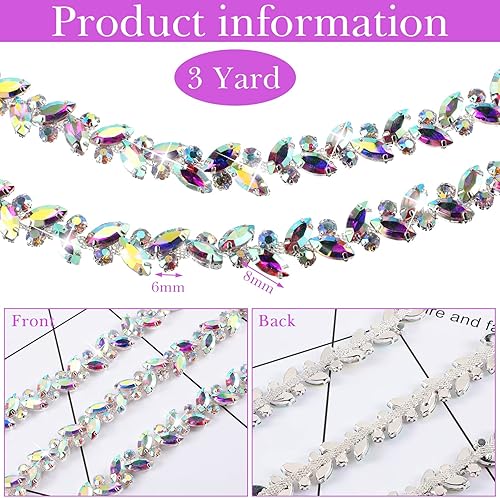 Miniatura 3 de BBTO Adorno de cadena de diamantes de imitación, adorno de cristal para boda, disfraz de novia, cadena de hojas de flores, costura, adornos