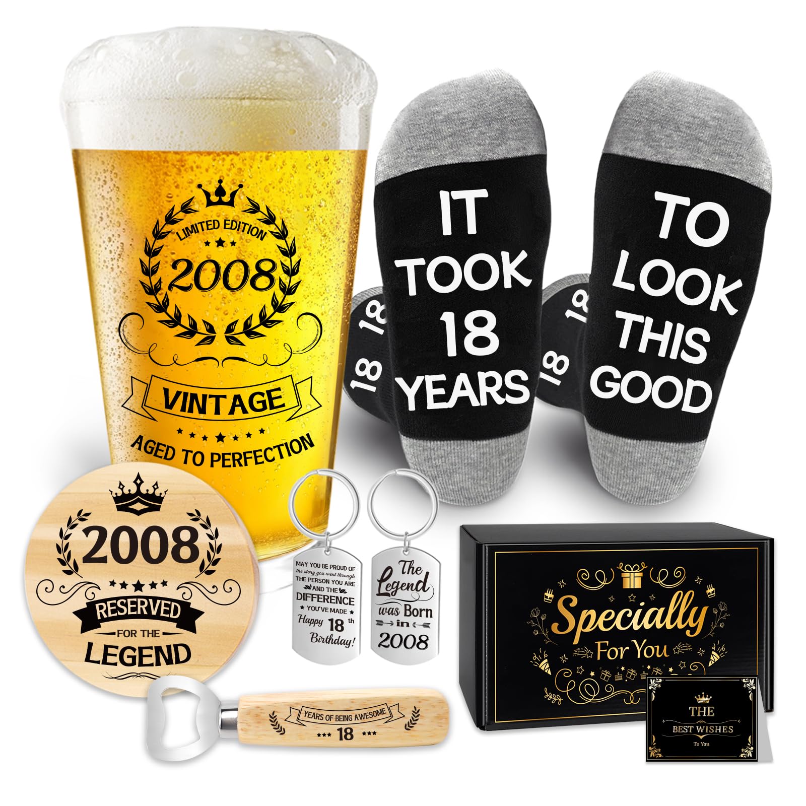 Epaing 2008 18th Birthday Gifts for Boys Beer Glass Set, 18th Birthday 500ml Vintage Pint Glass, Personalised Beer Glass and Socks Gifts for 18 Year Old Boys, with Keyring Bottle Opener Coaster Card