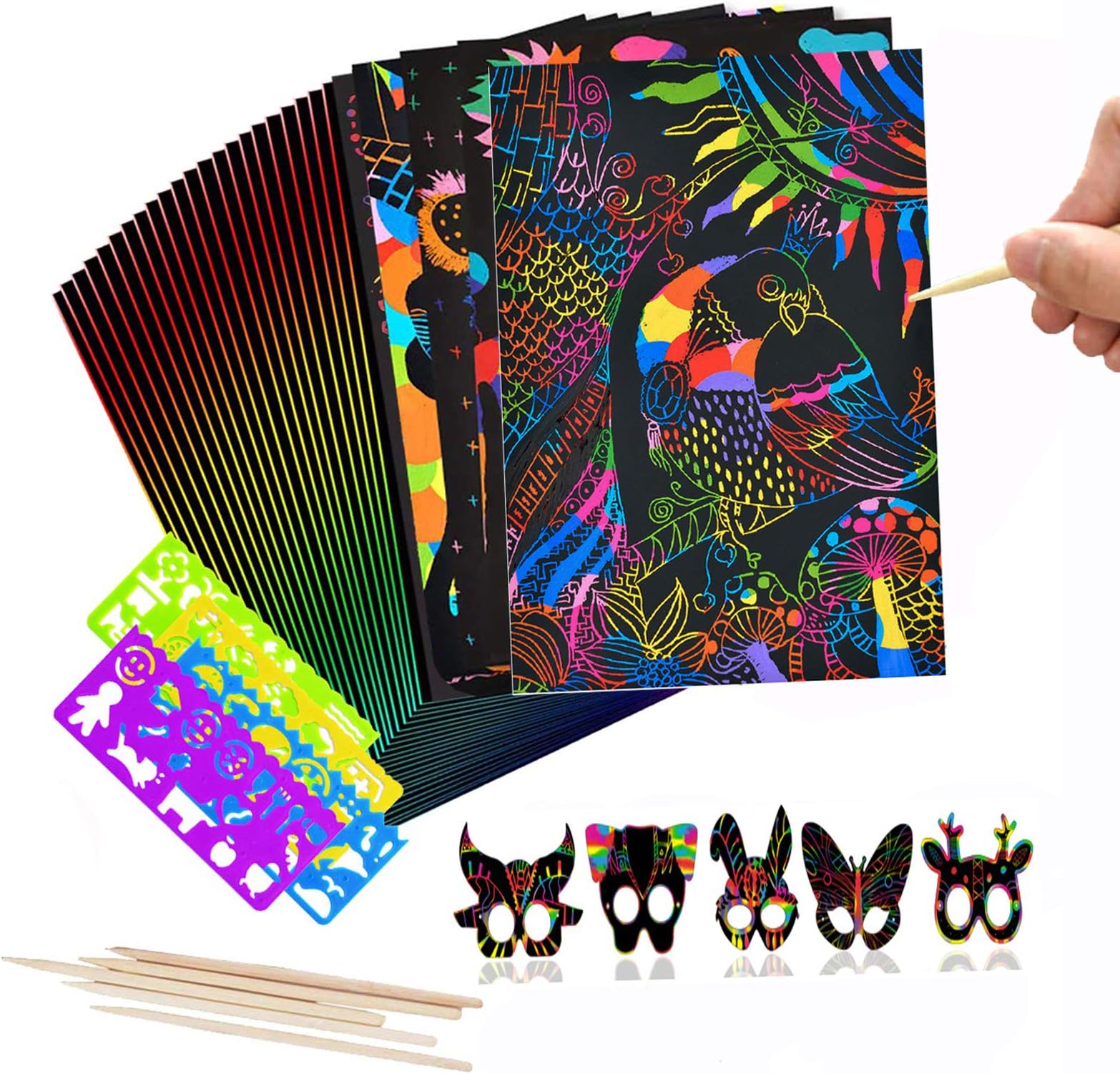 Scratch Art for Kids, 50 Pcs Magic Rainbow Scratch Paper for Children, Black Scratch Off Paper for Toddler Preschool Girl Boy Holiday Christmas Classroom Birthday Gifts (5.31" x 7.6")