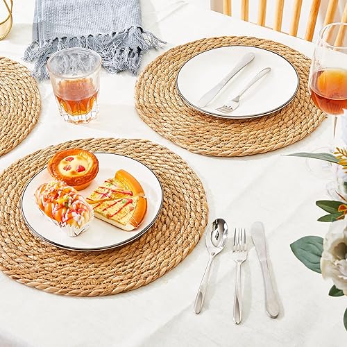 Miniatura 3 de Cpintltr Juego de 6 manteles individuales redondos de tejido de hierba marina natural, resistentes al calor, antideslizantes, para interiores y