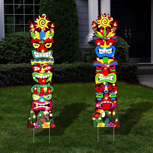 Queekay 2 carteles de Tiki Yard Luau Hawaiian Tropical Party Decoración al aire libre Tiki Bar Letrero con estacas para verano (estilo iluminado)